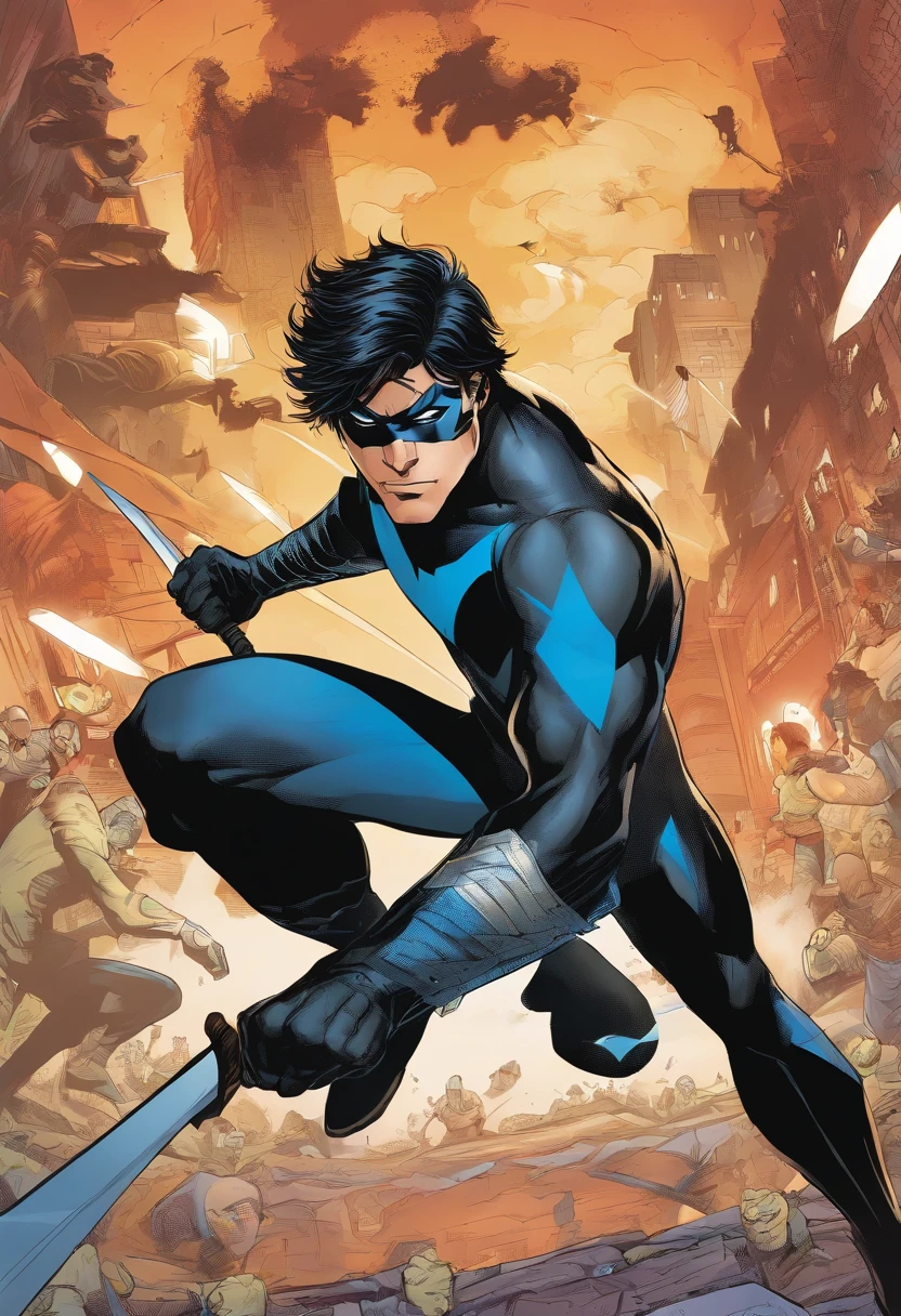 Here's an optimized prompt based on Stable Diffusion:

"Expertly executed, high quality render of a dynamic, action-packed scene featuring Nightwing. He's seen acrobatically flipping towards the camera in a confident and stylish pose, emphasizing his sleek and powerful movements. Projections of Gotham's skyline loom in the background, adding to the atmosphere of the piece. Stunning and detailed lighting and shadow effects are used to accentuate the dramatic mood of the image."