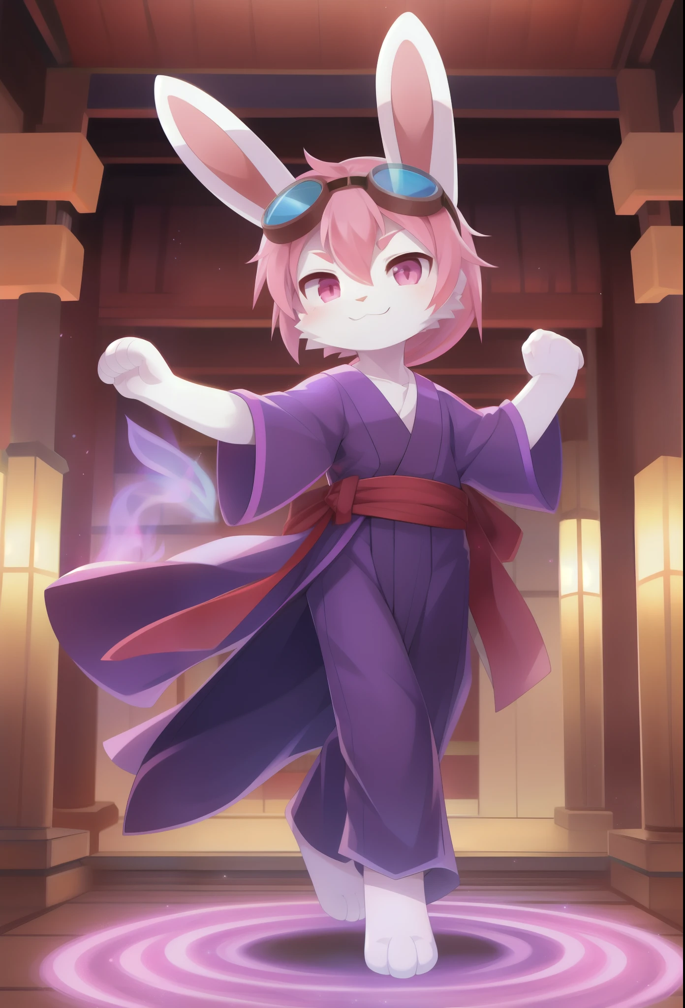 Furry shota, young, rabbit, long rabbit ears, pink hair, long spiky ponytail, spiky hair, detailed body fur, Pink eyes, purple kimono, hakama pants, goggles, masterpiece, looking at you, white body fur, detailed face, big eyebrows, detailed eyes, detailed body, no muscles, japanese temple background, detailed hands, flat body, glistering body, shiny body, skinny, spectacular effects, sassy face, :3, paws whit three toes, full body, standing, ki aura, fight stance, magic purple fire particles,