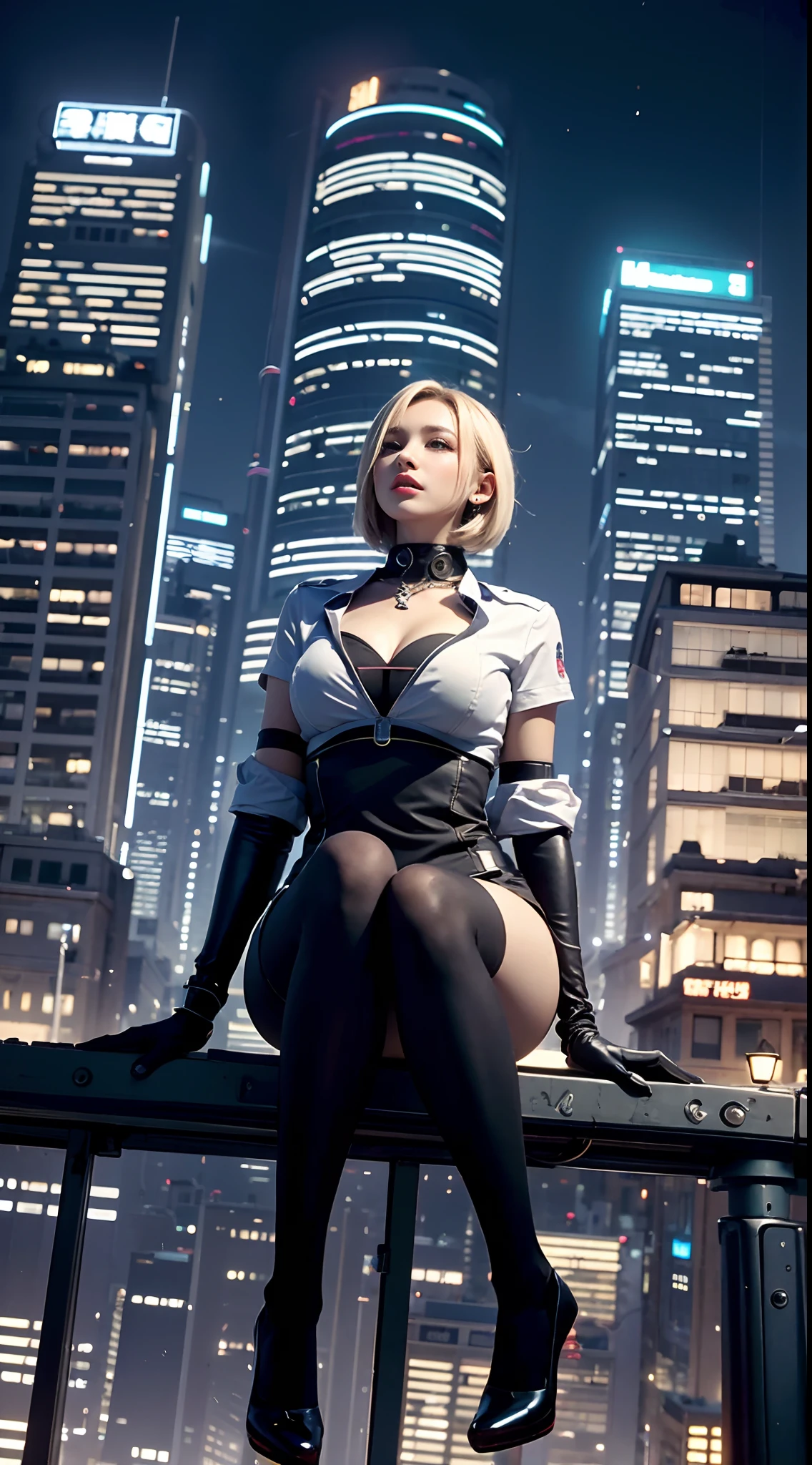 1girll, Close-up Shot Shot, (White hair, Medium hair, Large breasts, Red eyes), Perfect anatomy, City, Cyberpunk Style, ((White shirt, Black jacket, Black skirt, navel, belt, Black gloves, Neck tie, Wrist watch, Earrings, Sheer black leggings)), ((holding gun)), War, Ruined city, battlefiled, rubble, Buildings,cigarettes
