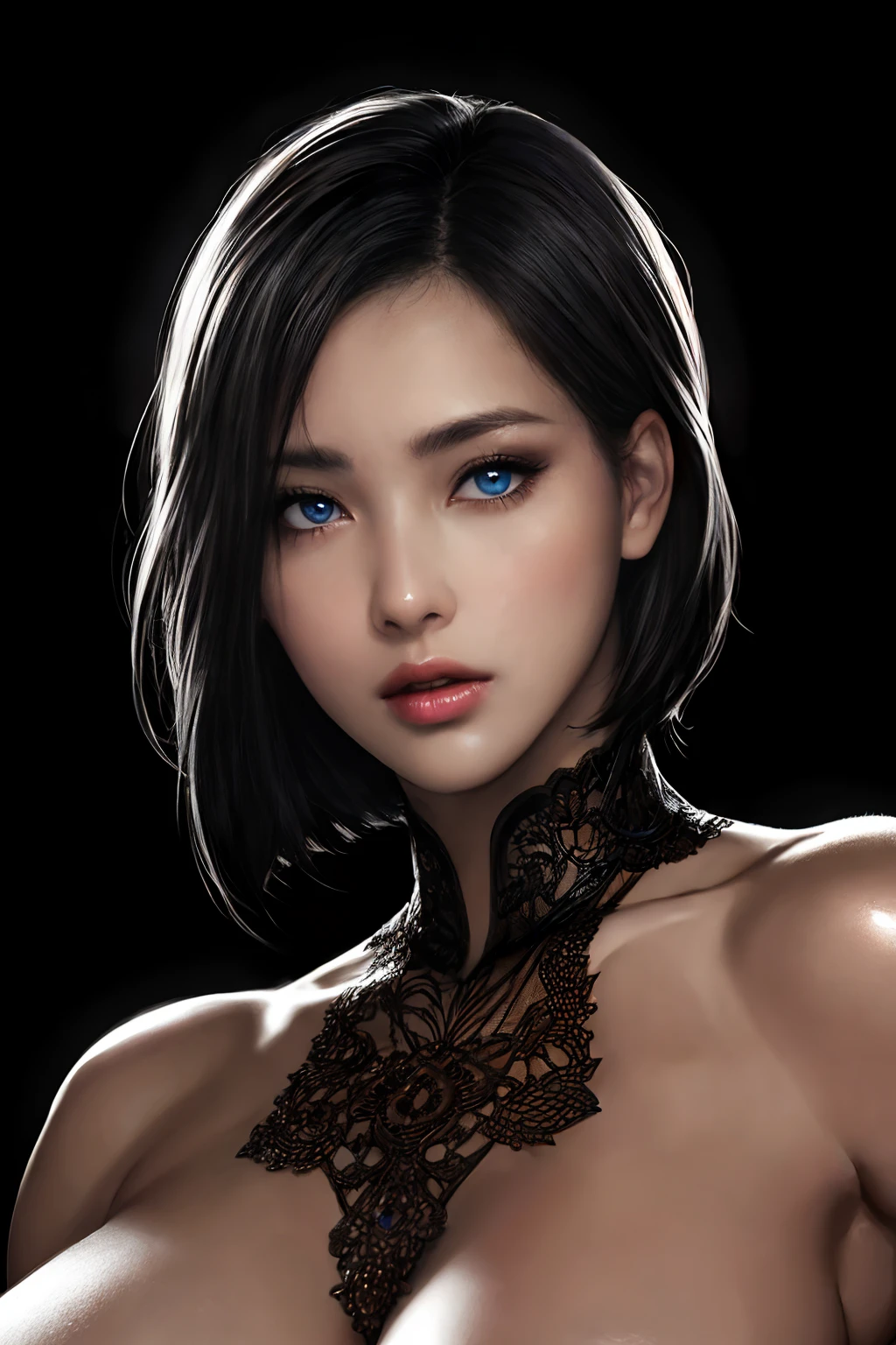 Photorealistic Ada Wong, detailed short messy black hair, mid shot, Detailed skin, detailed body, muscular, solo, wearing Victorian Dress, huge breasts, thick thighs, wide hips, blue eyes, Natural Skin Texture, skin detail, shiny skin, shiny glossy skin, glossy skin, oily skin, Mediterranean tan, high contrast, realistic skin, skin pores, intricate detail, black background, high contrast, realistic skin, skin pores, intricate detail, raw photo, mature female, glossy lips, luscious lips, pretty nose, lifelike rendering, immersive atmosphere, chiaroscuro, moody lighting, perfect female body, realistic skin, skin pores