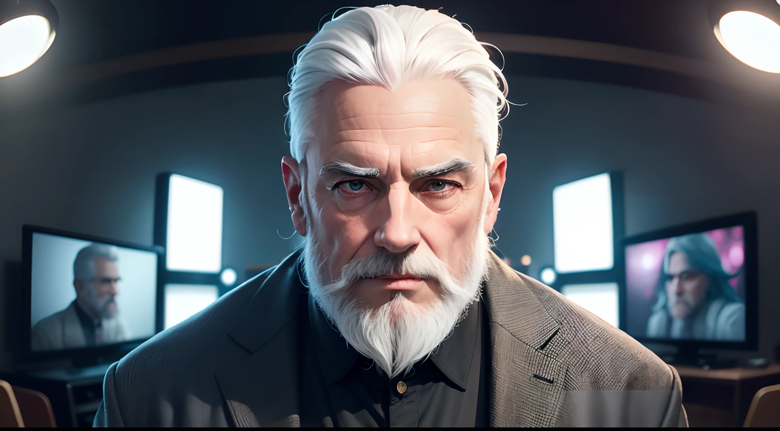 magic realism, Estilo de vida/fantasia, 50-year-old man with white hair and beard staring straight ahead expressionless, contemporary, brilhante e colorido, digital, na noite escura, 35 mm, frontal, Centralizado, symmetric, Filmado em Sony A7S III com Sony FE 35mm f/1.8, 12.1 MP, Magic, editing, television show, frontal, Centralizado, symmetric, Magician--air 3:2 --estilo cru