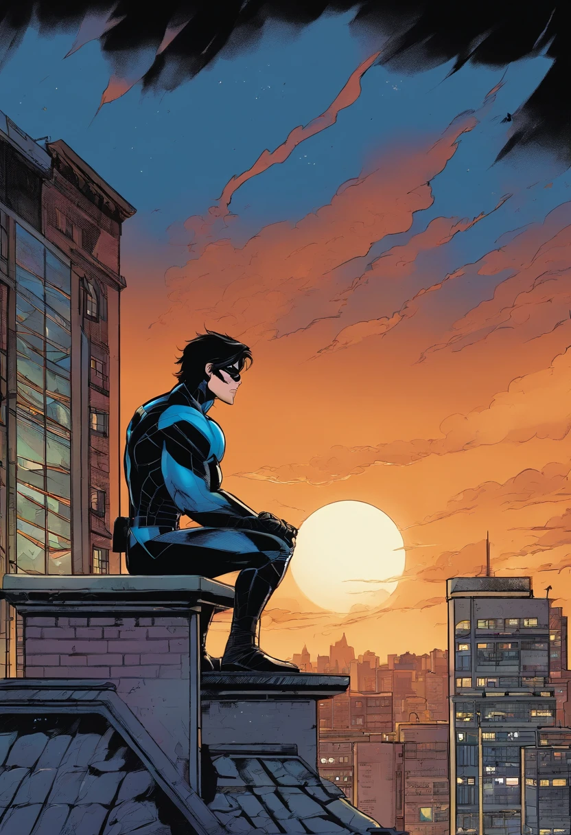 Nightwing is back on the rooftop, silhouetted against the full moon, gazing down at the city.]