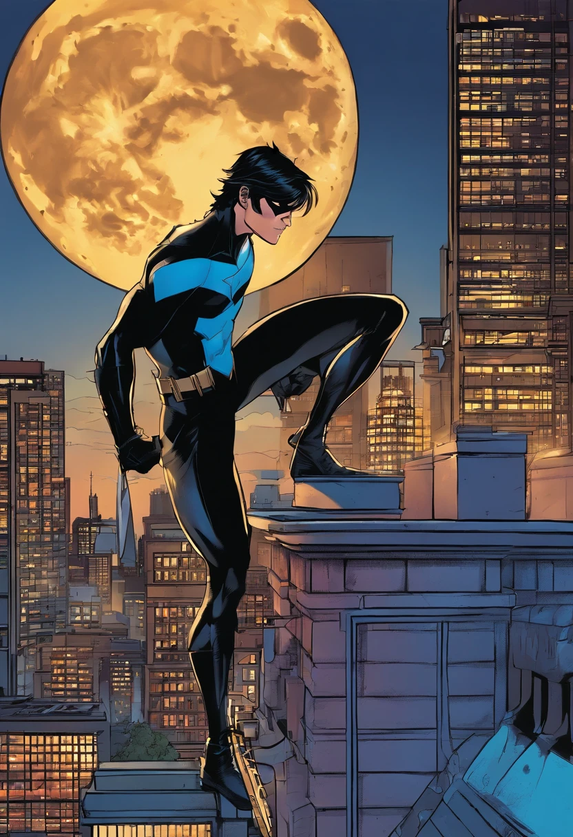 Nightwing is back on the rooftop, silhouetted against the full moon, gazing down at the city.]