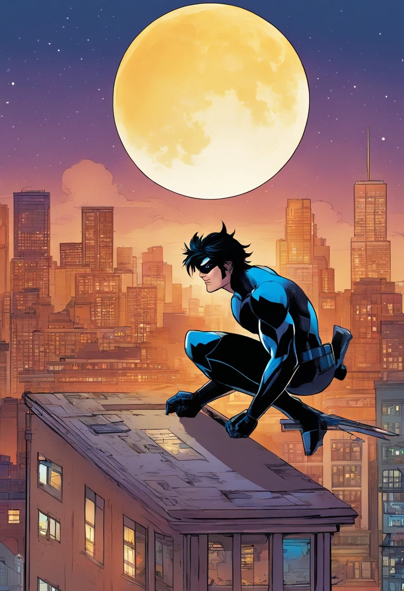 Nightwing is back on the rooftop, silhouetted against the full moon, gazing down at the city.]