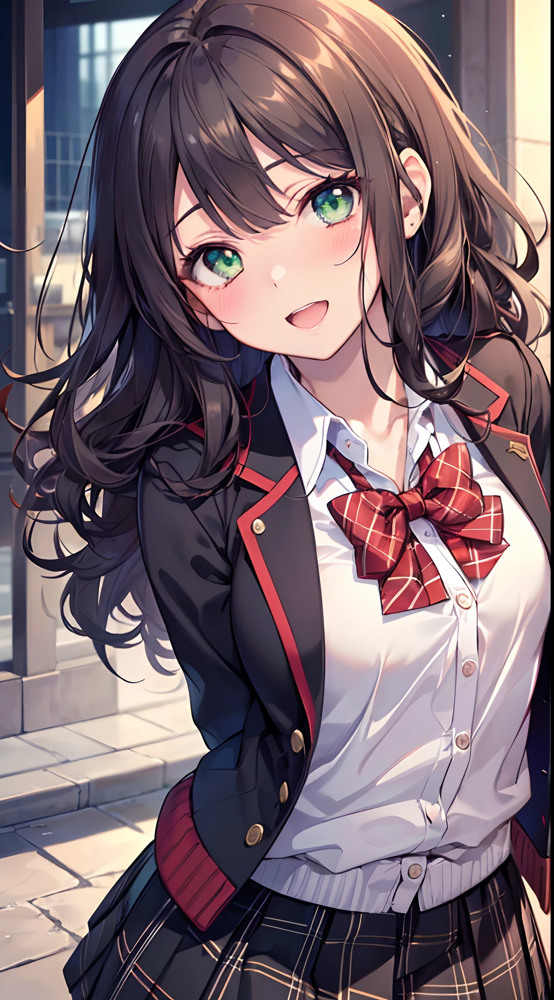 ((masutepiece, Best Quality, hight resolution, nffsw, Perfect Pixel, depth of fields, 4K, nffsw, nffsw))), 1girl in, Single, Solo, Beautiful anime girl, Beautiful Art Style, Anime Character, ((Long hair, Bangs, dark brown hair, Curly hair:0.8)), ((Green eyes:1.4, Detailed eyes, Beautiful eyes, Perfect eyes,Curly eyelashes, Realistic eyes)), ((Detailed face, Blushing:1.2)), ((Smooth texture:0.75, Realistic texture:0.5, Anime CG style)), medium breasts, Dynamic Angle, busty, Perfect body, Dynamic Pose, ((red bowtie, School uniform, Black jacket, Open jacket, Brown cardigan, White shirt, Black skirt, plaid skirts)), Smile, Open mouth, arms behind back, Leaning forward, Amulment Park, ((close up, POV, Cute, Shoot in the face))