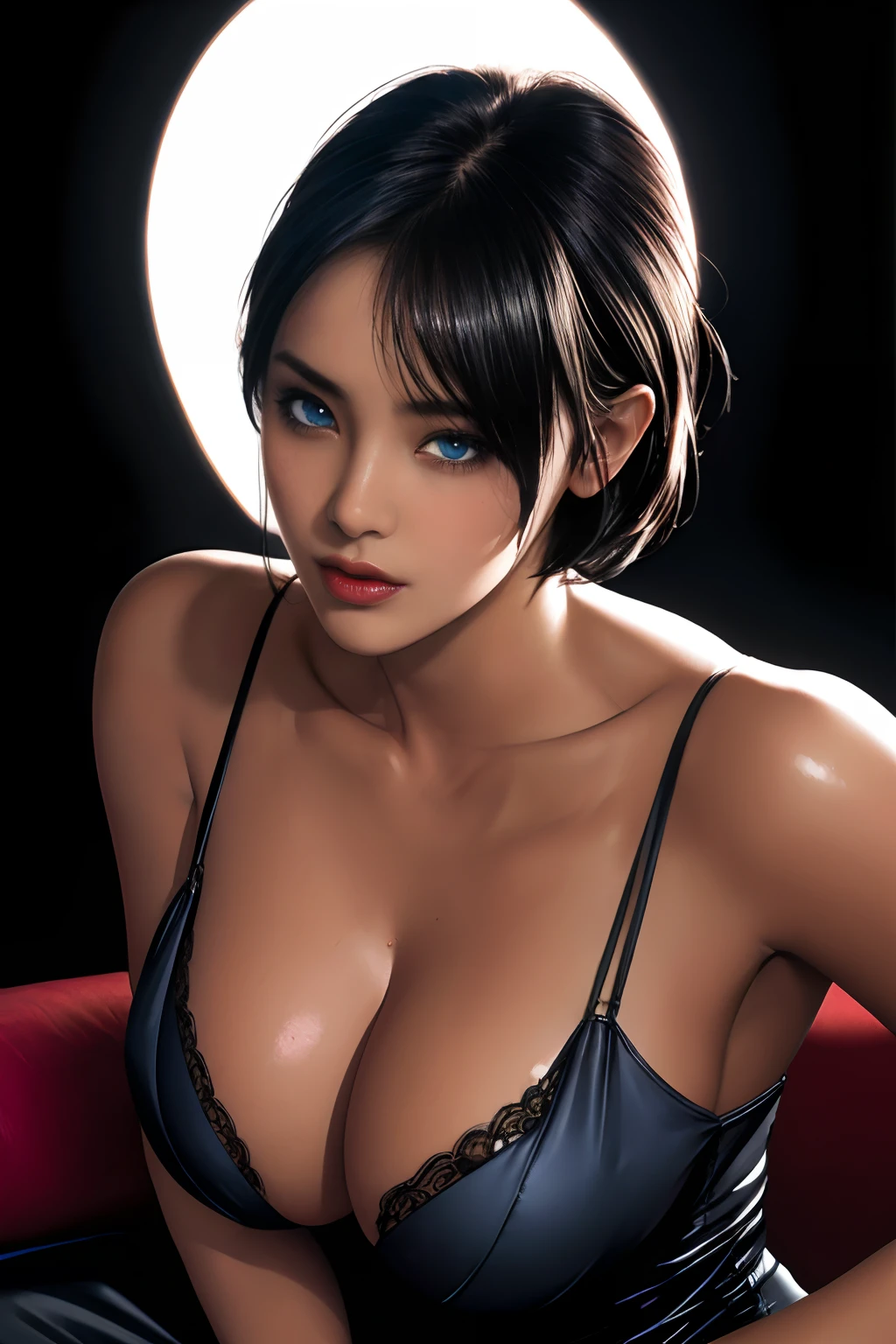 Photorealistic Ada Wong, detailed short messy black hair, mid shot, Detailed skin, detailed body, muscular, solo, wearing Victorian Dress, huge breasts, thick thighs, wide hips, blue eyes, Natural Skin Texture, skin detail, shiny skin, shiny glossy skin, glossy skin, oily skin, Mediterranean tan, high contrast, realistic skin, skin pores, intricate detail, black background, high contrast, realistic skin, skin pores, intricate detail, raw photo, mature female, glossy lips, luscious lips, pretty nose, lifelike rendering, immersive atmosphere, chiaroscuro, moody lighting, perfect female body, realistic skin, skin pores