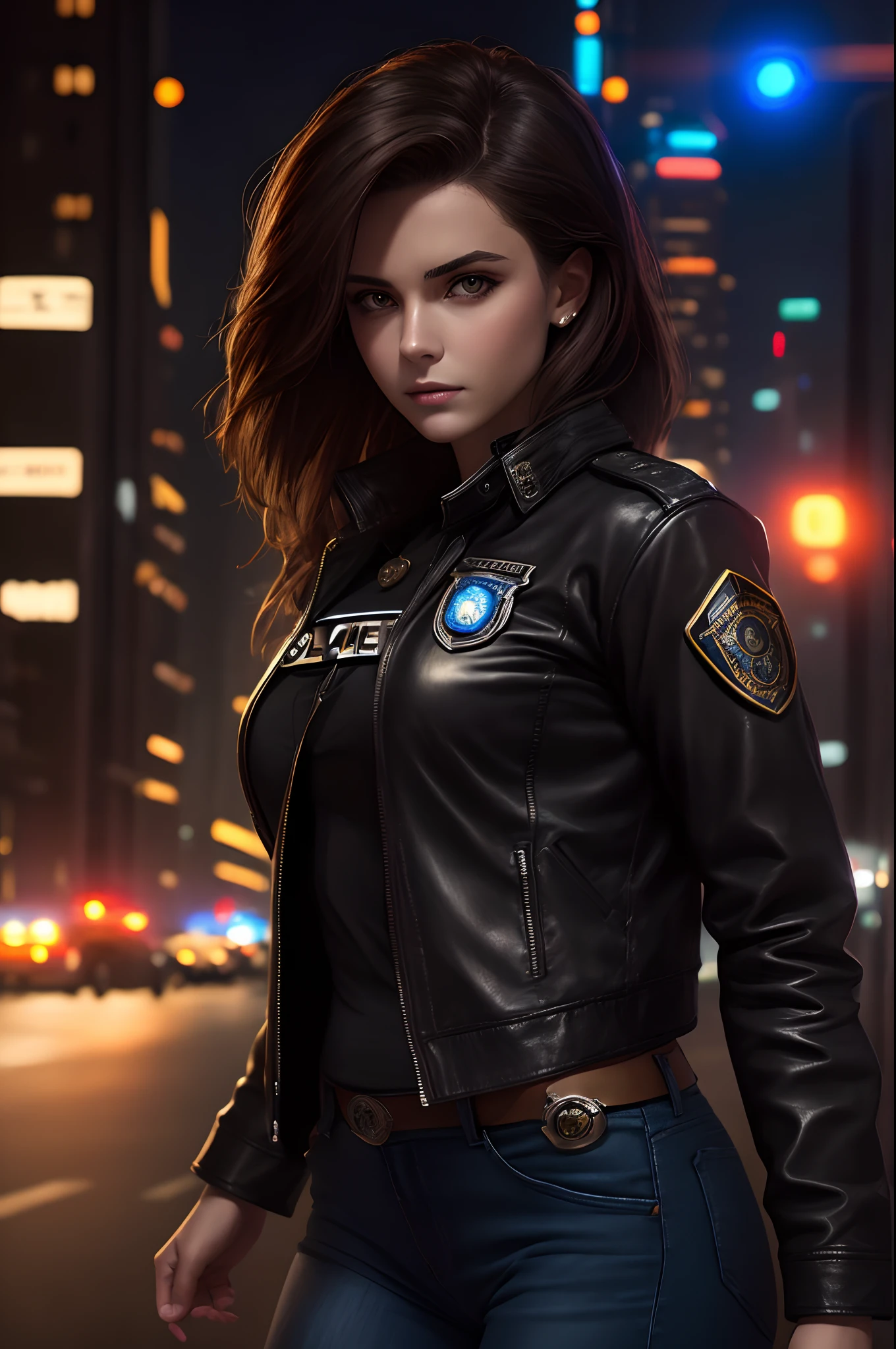 Retrato de anjo como uma bela modelo feminina, Georgia Fowler, rosto bonito, com cabelos castanhos escuros curtos, In the Cyberpunk City at Night. She's wearing a low-cut blue leather jacket, black jeans pants, lighting dramatic, (police badge:1.2)