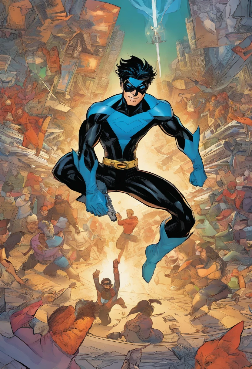 The grateful civilian, now safe, thanks Nightwing with a smile.]