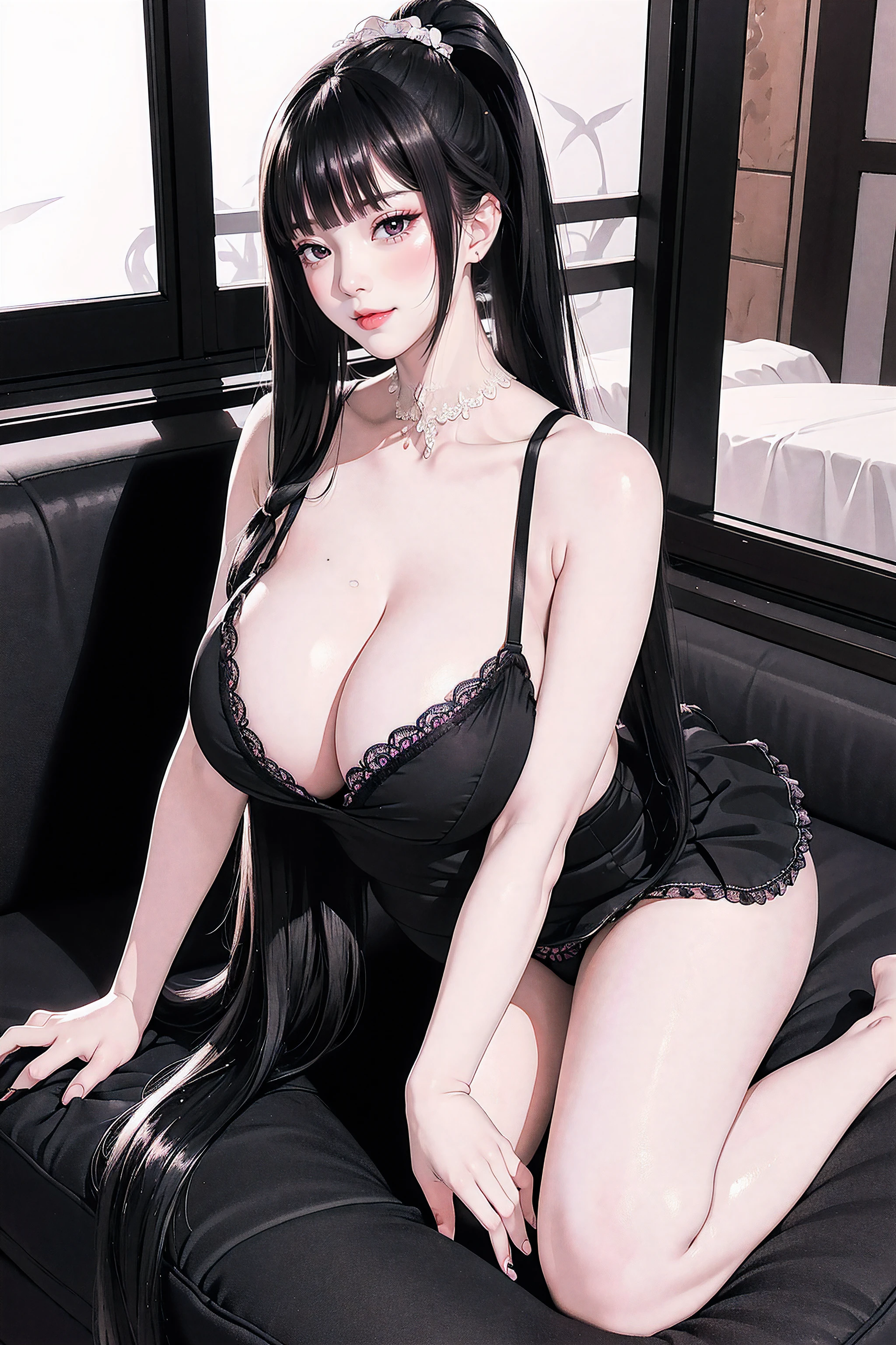 ulzzang -6500-v1.1,(Raw foto:1.2),((Photorealsitic:1.4)),top-quality,masterpiece, illustratio,{(Extremely delicate and beautiful:2.0):2.0}, extremely details CG ,Unity,{(8K Wallpaper:2.0)}, astonishing、finely detail, Official art,the Extremely Detailed CG Unity 8K Wallpapers,absurderes, incredibly absurdness, huge filesize, ultra-detailliert, hight resolution, a beautiful detailed girl, extremely detailed eye and face, beatiful detailed eyes,Facial light,(((😃))),{(thighs thighs thighs thighs)}, {(Full body))}(masutepiece, Best Quality),
1girl in, all-fours, Looking at Viewer, closeup ass, from the rear, Buttock support
Break Girl, jirai kei, ((High Ponytail:1.5)),(((Blunt bangs,Straight bangs:1.6))),(((Very long black hair, Ridiculously long black hair:1.1))),Long black hair like a stream of water, Lustrous black hair all over the back, Black hair shiny like silk thread, Long black hair shining like jewels, black hair with wet feathers, eyeshadows, Purple eyes, Evil smile, lip stick, Open mouth, Pink ruffled shirt, black ruffle skirt, Black panties, Thong Panties, Small breasts, thighs thighs thighs thighs,
Break the sofa background, window (Long breasts,Huge breasts, Super breasts:1.5),