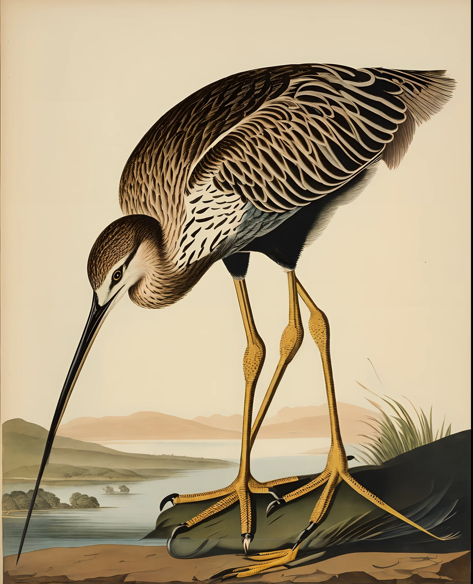 araffe bird with long beak standing on a rock near water, audubon, by John James Audubon, coloured lithograph engraving, smooth shank, inspired by John James Audubon, an illustration of, crane, an illustration, full color illustration, heron, * * *, by Charles Bird King, 1 4 8 0 s, close portrait, illustration, male