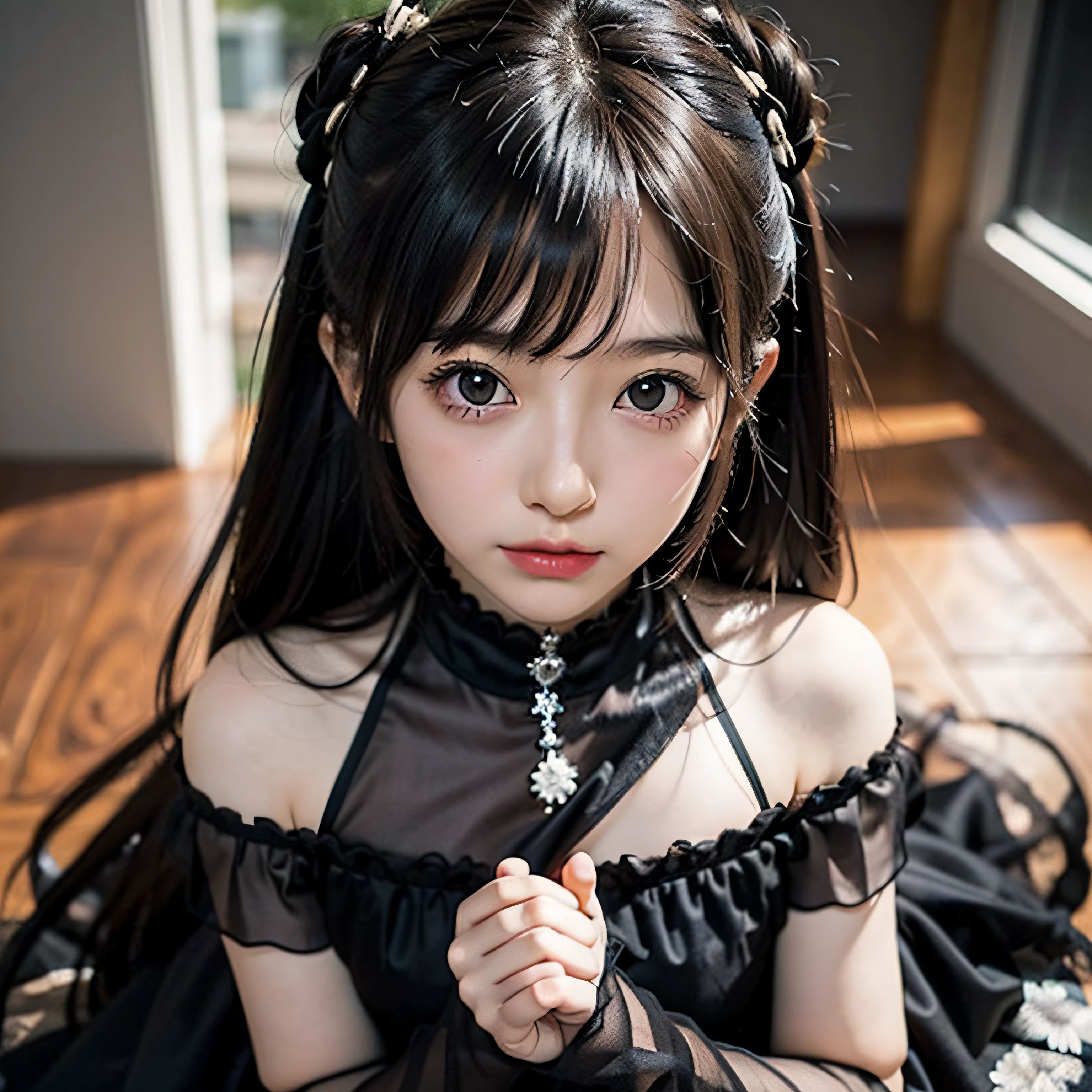 anime girl with long hair and black dress posing for picture, sayori, Anime visuals of cute girls, anime moe art style, loli in dress, anime girl wearing a black dress, pretty anime girl, (Anime Girl), Cute anime girl, Cute anime waifu in a nice dress, charming anime girls, Beautiful anime girl, Rin, Smooth Anime CG Art