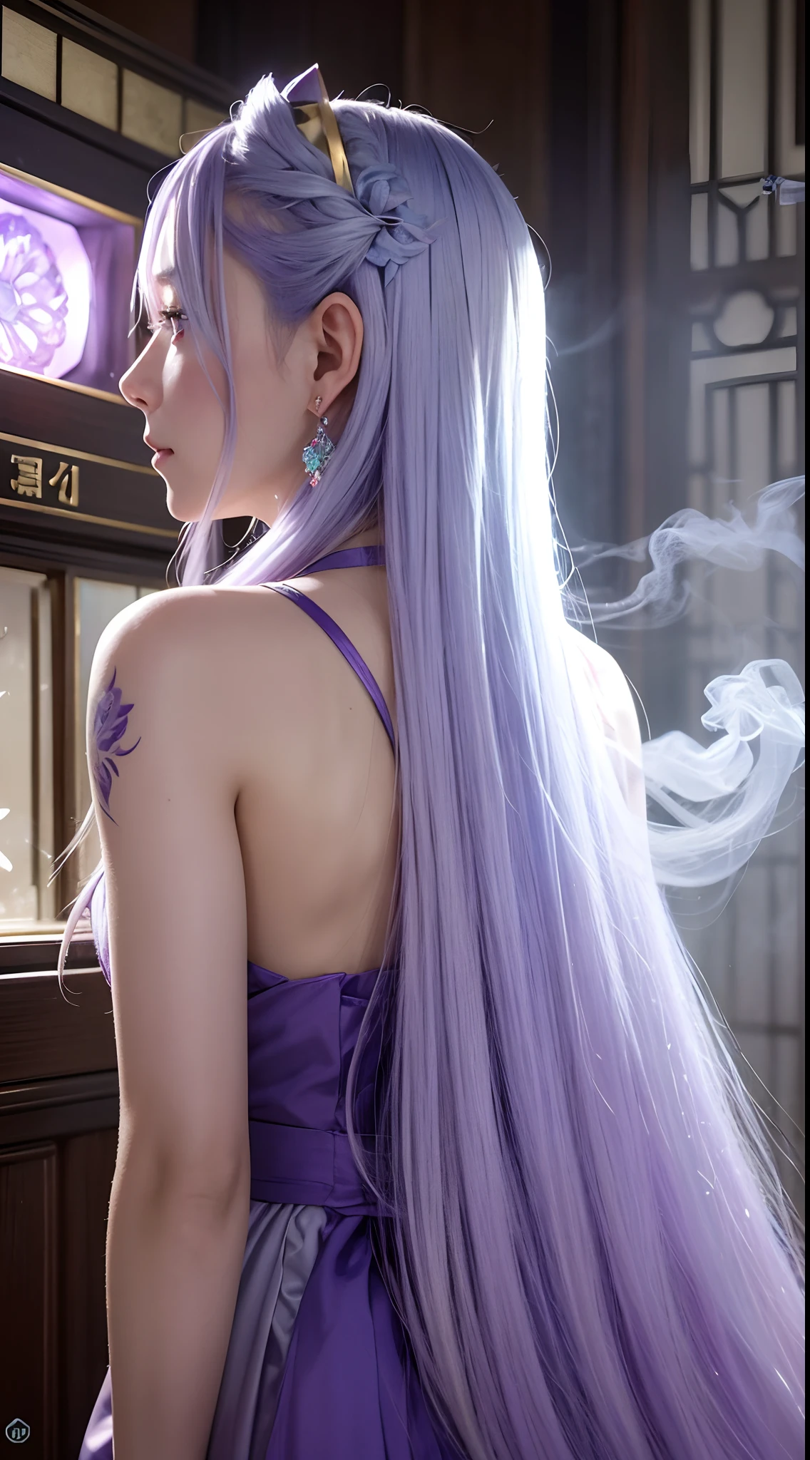Long lavender hair,bell,pale blue color eyes,Red floral tattoo,Crystal earrings,Quidom,(surrealism:1.1),(Cinematic lighting:1.05),(reflective light:1.1),(Letterbox format:1.15),(profile:1.05),(From behind:1.1),超高分辨率,Masterpiece:1.2,Highly detailed,Fuzzy dragon-shaped smoke