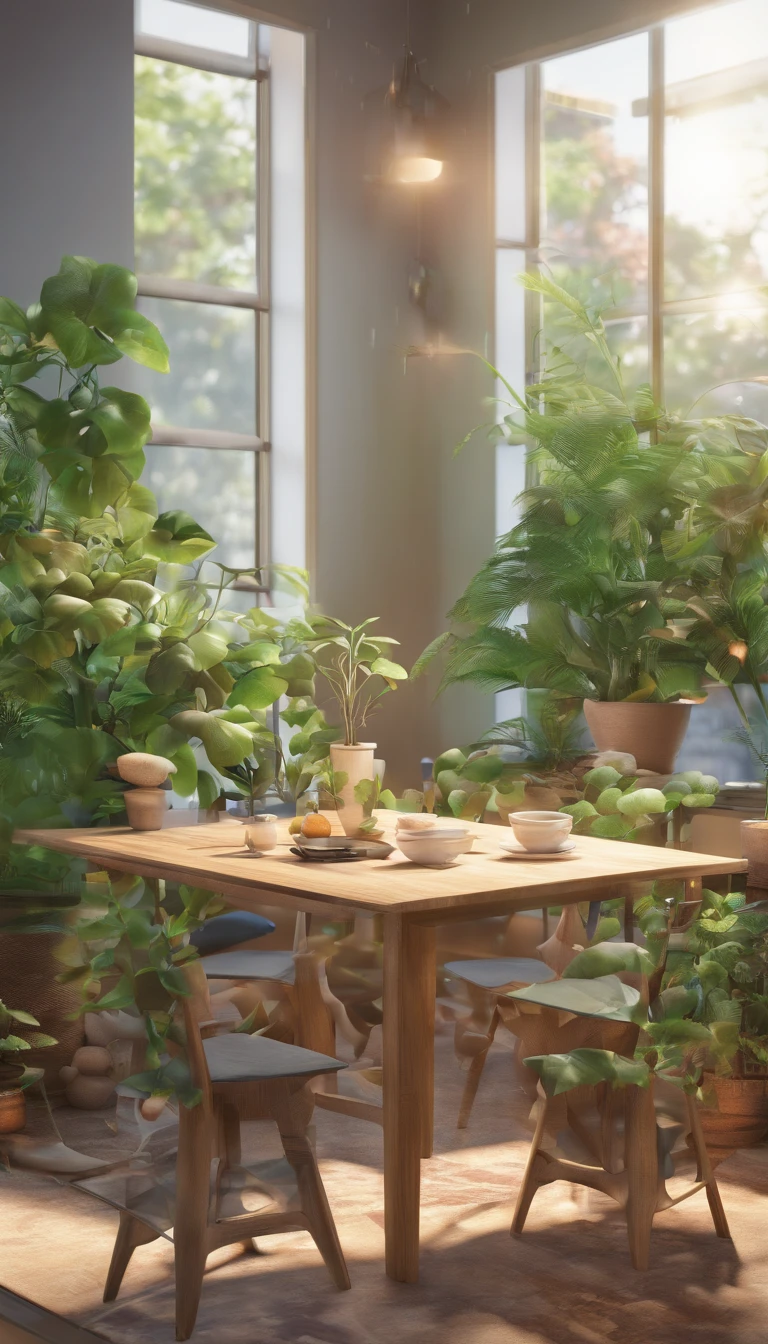 Floral and plant environment In the middle is a metal blank table。C4D 3D 。Surrounded by plants
