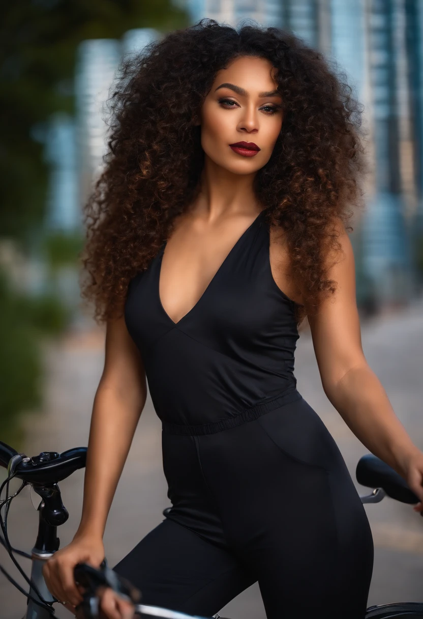 Sexy wonderful mixed-race woman wearing a homewear jumpsuit ,rouge a levre ,8k, ombre , City background , poses sexy, long curly hair, by bike
