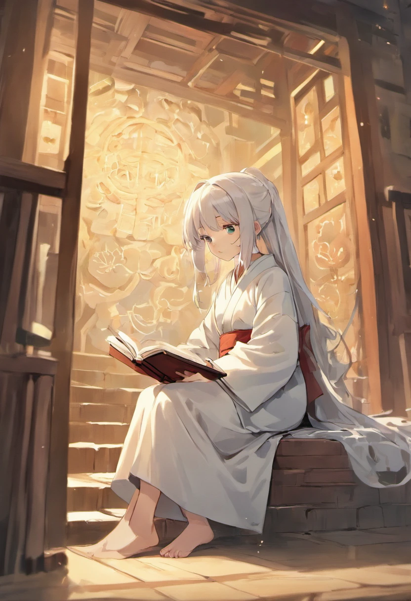 The little girl in the white robe is reading carefully. The style is Yumei, animated GIF, small jump, traditional clothing, animated character design, Chinese painting, light gray, cute, modest charm, classical style, Minimalism --ar 3:4 --q 2 --niji 5