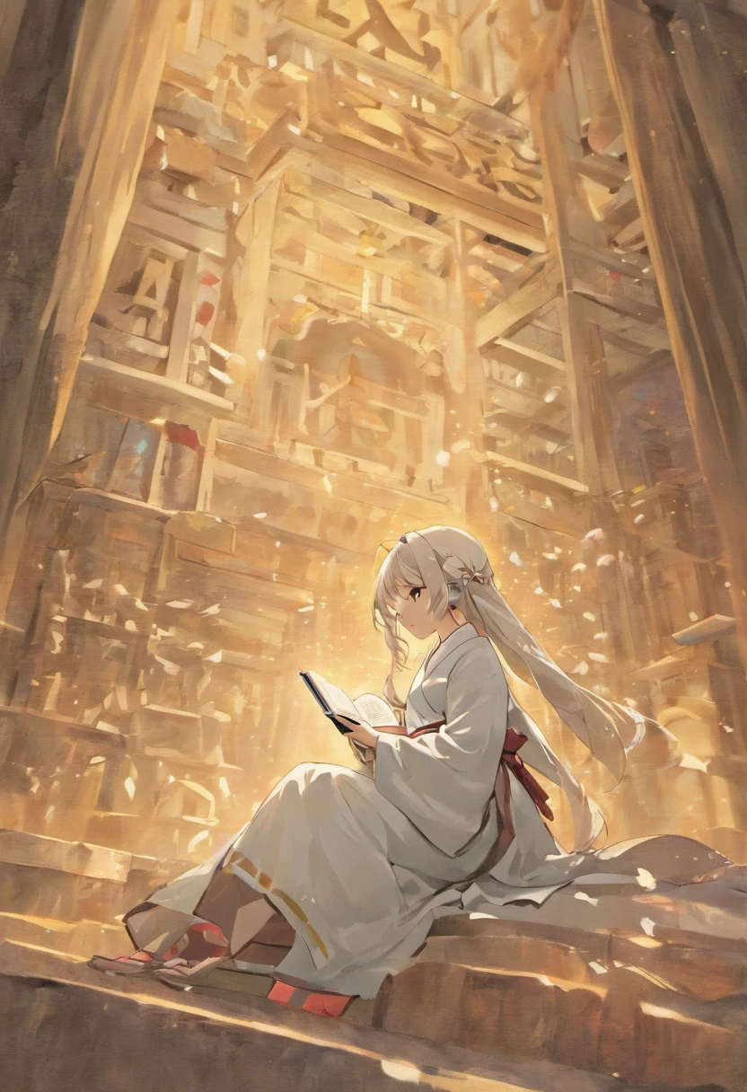 The little girl in the white robe is reading carefully. The style is Yumei, animated GIF, small jump, traditional clothing, animated character design, Chinese painting, light gray, cute, modest charm, classical style, Minimalism --ar 3:4 --q 2 --niji 5