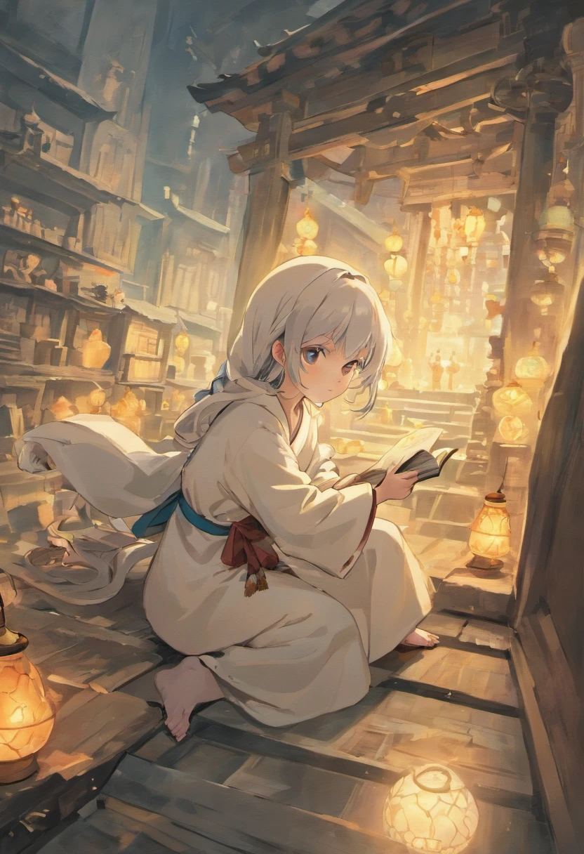The little girl in the white robe is reading carefully. The style is Yumei, animated GIF, small jump, traditional clothing, animated character design, Chinese painting, light gray, cute, modest charm, classical style, Minimalism --ar 3:4 --q 2 --niji 5