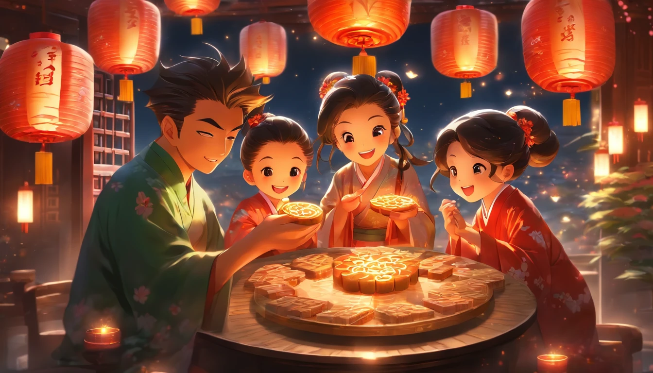 A family of three eating mooncakes,Happy expression of parents and children,There are mooncakes on the table, Food in hand, The round moon hangs lanterns high,Chinese style painting, exciting illustration, HD8K, Rich plot, intricate background, Rich character detail, Advanced perspective, Neon night view, Rich atmosphere,Strong three-dimensionality,Perfect scene detail, The overall style is rich and vibrant.