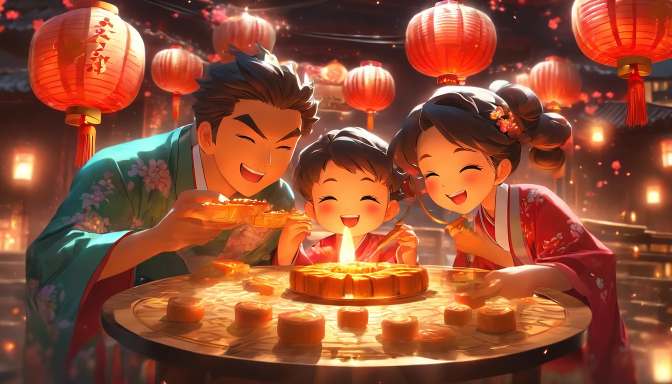 A family of three eating mooncakes，Happy expression of parents and children，There are mooncakes on the table, Food in hand, The round moon hangs lanterns high,Chinese style painting, exciting illustration， HD8K, Rich plot, intricate background, Rich character detail, Advanced perspective, Neon night view, Rich atmosphere,Strong three-dimensionality，Perfect scene detail, The overall style is rich and vibrant.