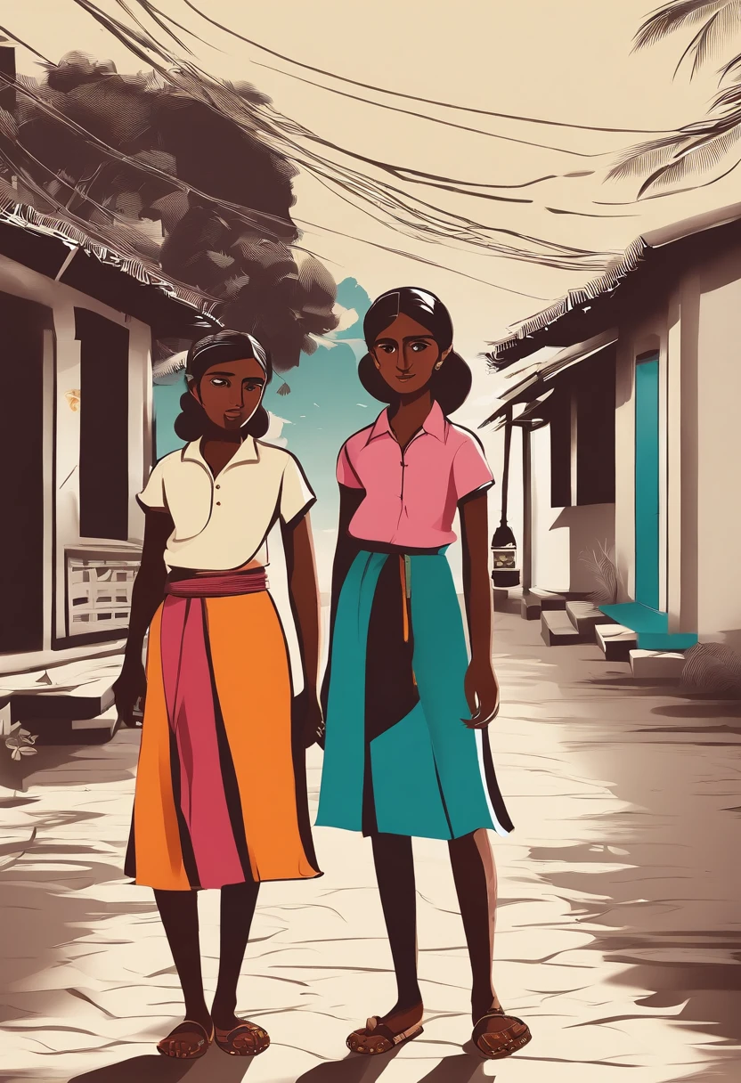south indian two young girl in tamilnadu village street, age 15, they are wearing silk skirt and silk short shirts, beautiful face