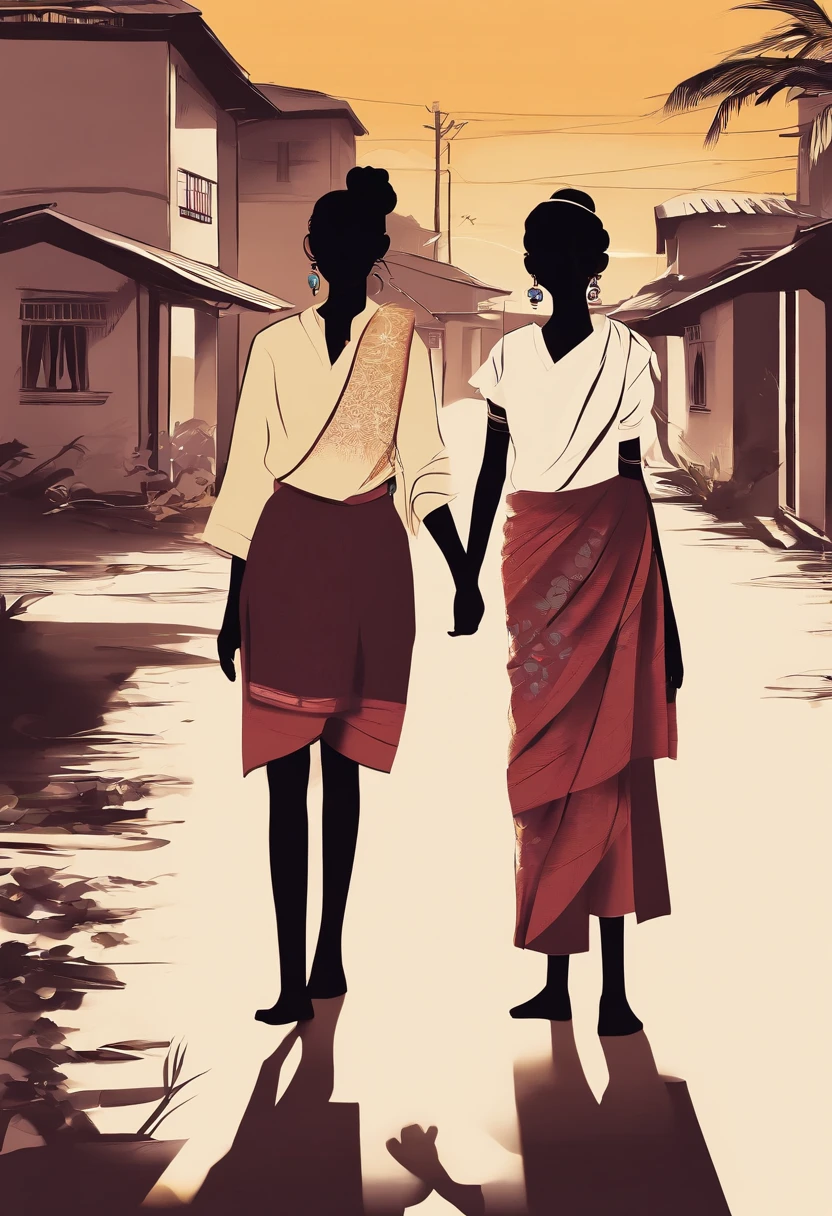 south indian two young girl in tamilnadu village street, , they are wearing silk skirt and silk short shirts, beautiful face