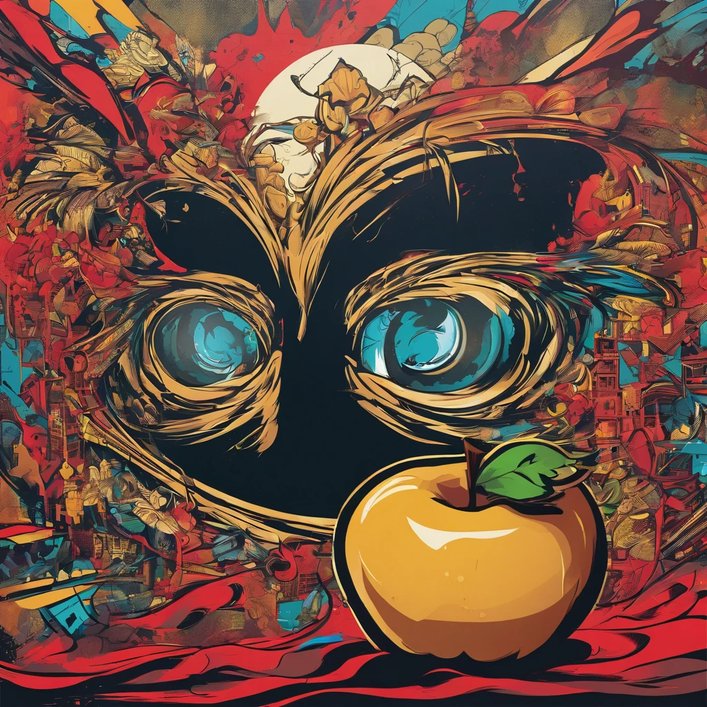 an apple, Left half {Fresh half} and the right half {Rotten Half}, 2 sides of the image, In the style of Todd MacFarlane, Mirror Worlds, Close-up intensity, Detailed comic book art, light gold and red, Large-scale impact on the canvas, Flawless line operation, Strong shading, Epic, Realistic depiction of light, 8K resolution, Mastery of chiaroscuro —AR 21:9 —from 1000