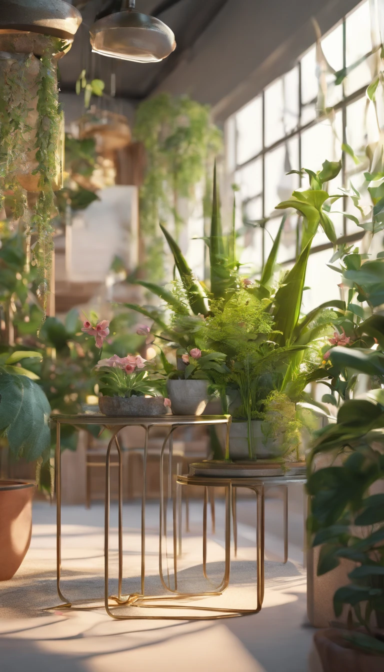 Floral and plant environment In the middle is a metal table。C4D 3D 。Surrounded by plants