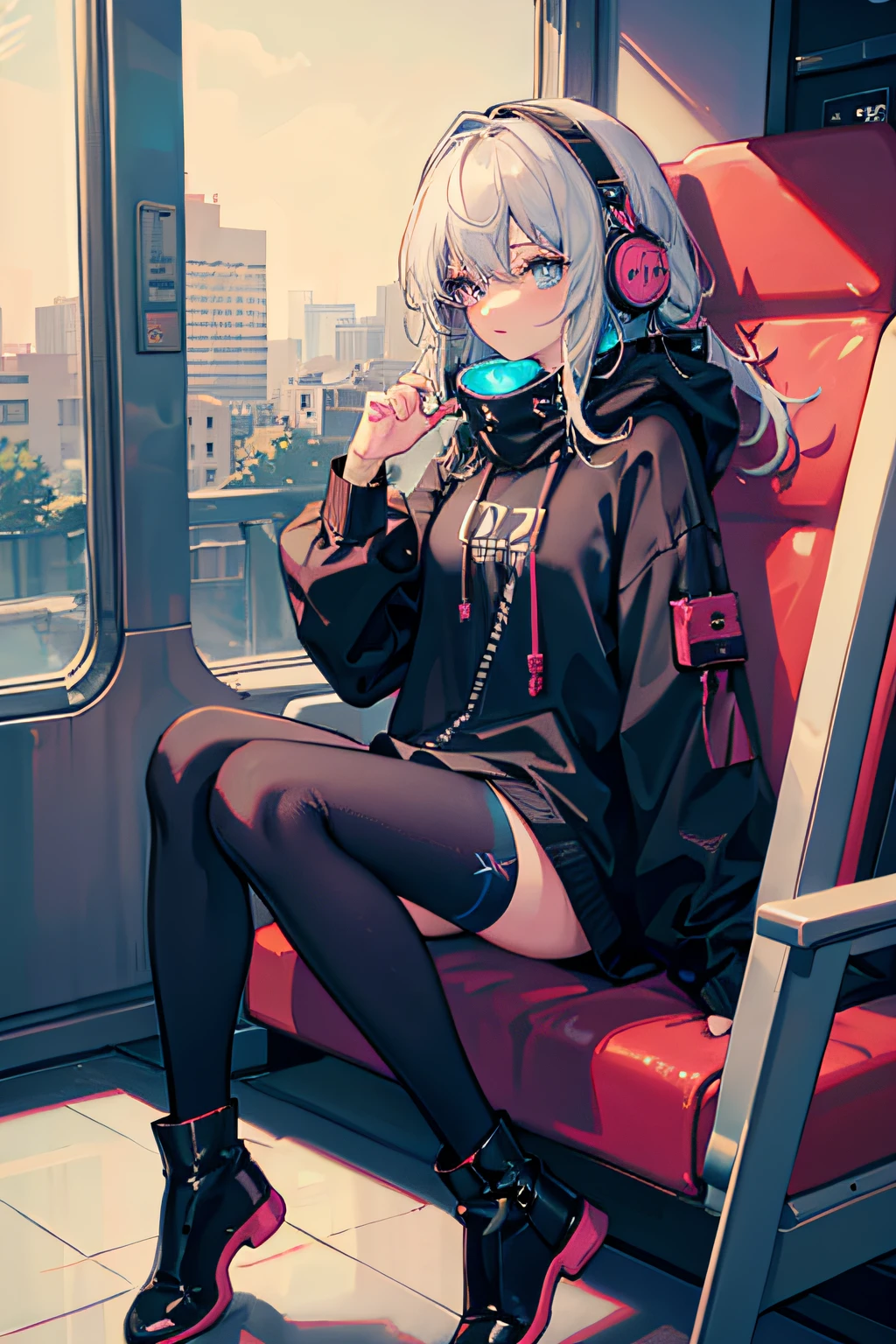 lo-fi, chill, vibes, hoodie, female, window, train, headphones, leggings, scarf, high black boots