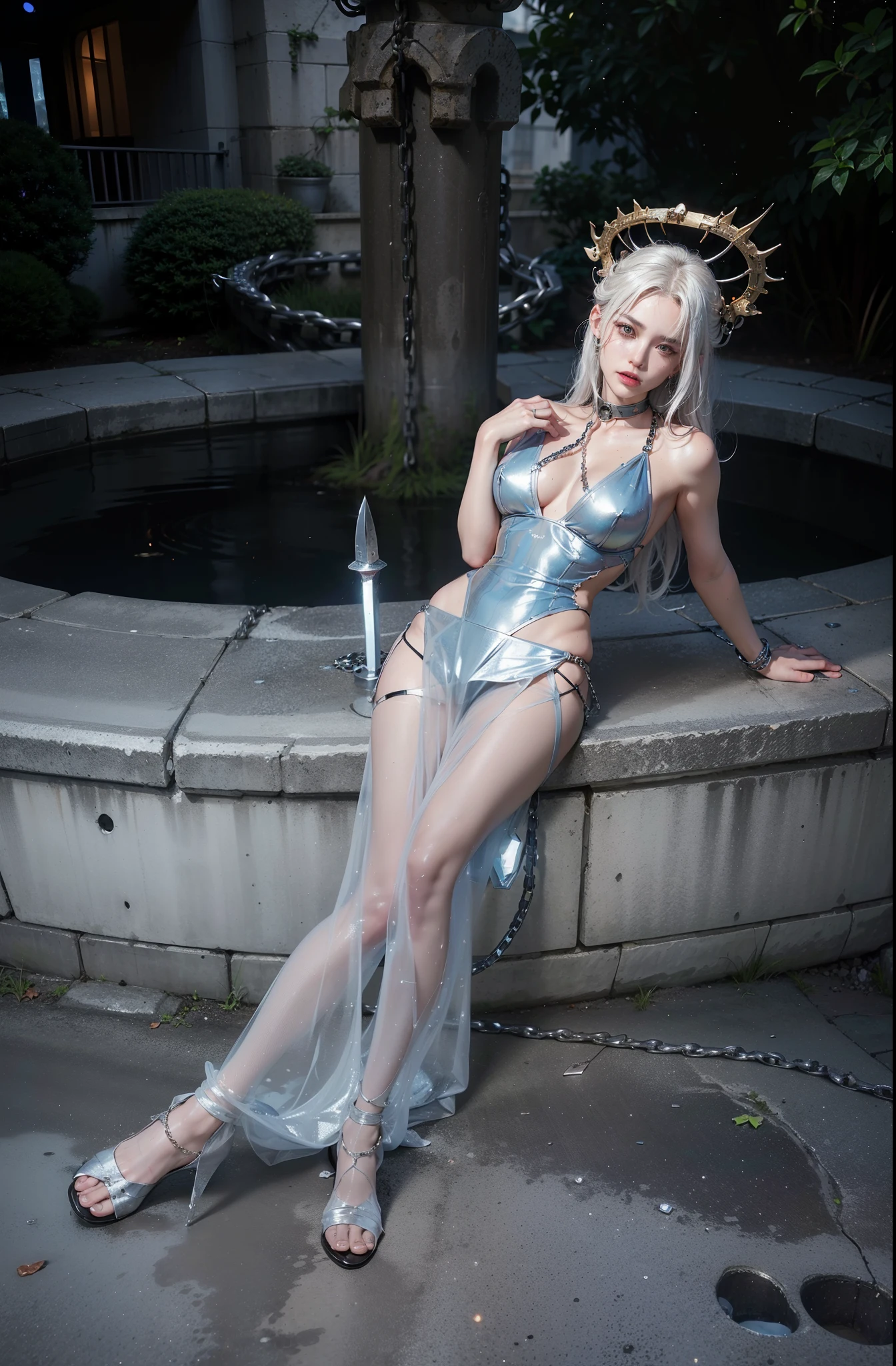 ,((Wearing a torn sheer costume of a superheroine)),(, No bra)), Wet crotch, Wet thighs, Beautiful girl with accentuated slender abs: 1.4, (((nipple tips protruding, areola is protruding, The shape of the pubic region is clearly visible)), sixpack abs: 1.4, Bust Botox, Photo, Sharpness, Unique 850 4, Koda850 k portrait camera, F1.6 shots, Ultra-realistic textures, Spectacular light textures, Cinestil 800 Fashion Mechanics, (futuristic sci-fi battle fashion: 1.1), (tied perfectly by chain), Restraint, Slaves, collars, ((wide prison with sunlight)), Dark fantasy, Realistic material details, extreme hight detail, Ultra-realistic materials ((Torn costume))), Wet, Cloudy, (Chained)), ((big emphasized by chains)), ((chains digging into crotch)), ( (Collar)), (, No bra), shredded costumes, broken golden shields and battle spears,, White combat gloves, Combat shoulder armor, Blood splattered on the face, Blood splattered, Realistic, (Bruises, Dirty, ripped clothing, skimpy clothing, Blood: 1.3), Torn Cape, Torn pantyhose, Long legs, ((iron pipe in the crotch)), Metallic shackles and fetters, ((chains hung from heaven)), Wet crotch is clearly visible, Swarovski's sword and the anatomy beneath his feet, (futuristic sci-fi battle fashion, Torn mesh stockings),legs crossed