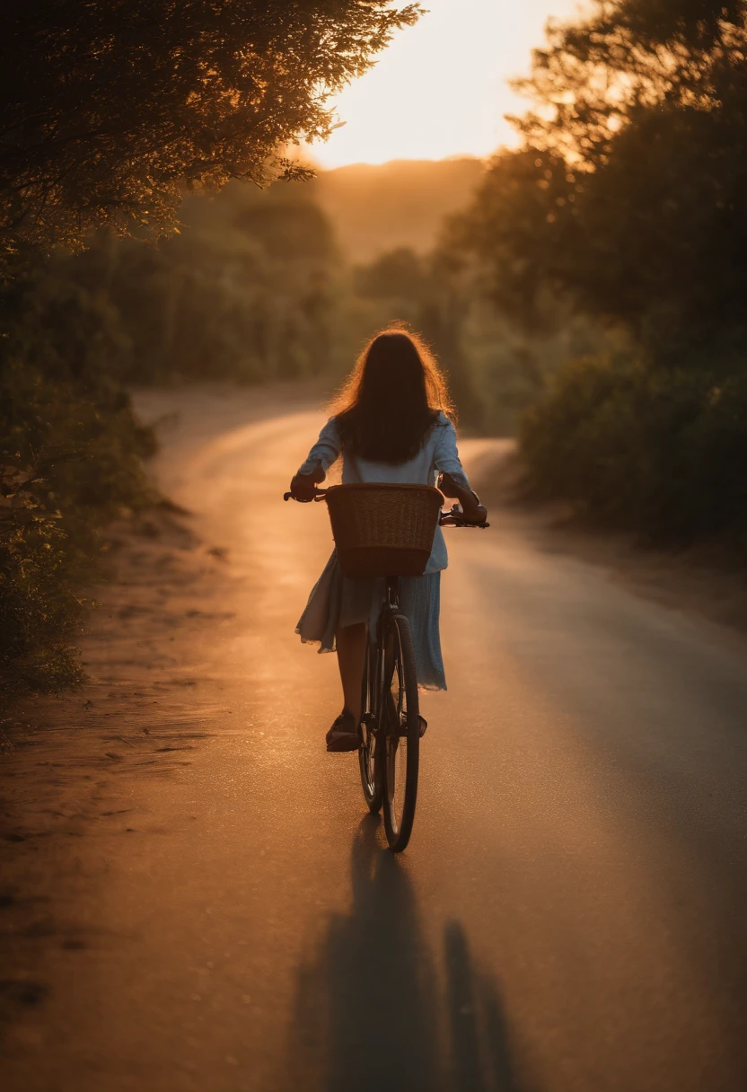 masterpiece, top-quality, 超A high resolution, (Photorealsitic:1.4), beautiful lighting, RAW Photography, 8k UHD, Super detailed face, realisitic、 beautiful a girl, Sweet girl, (T-shirt and shorts are coming), Coast at dusk, longshot, Professional photographer shoots with SLR camera、Photograph from a distance of walking while pushing a bicycle with a hand、cinematic