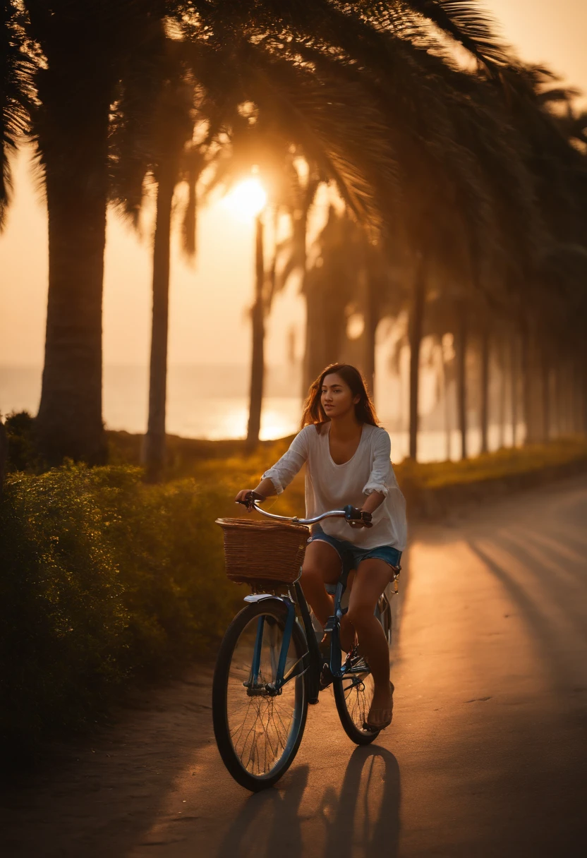 ​masterpiece, top-quality, 超A high resolution, (Photorealsitic:1.4), beautiful  lighting, RAW Photography, 8k UHD, Super detailed face, realisitic、 beautiful a girl, Sweet girl, (T-shirt and shorts are coming), Coast at dusk, longshot, Professional photographer shoots with SLR camera、Photograph from a distance of walking while pushing a bicycle with a hand、cinematic