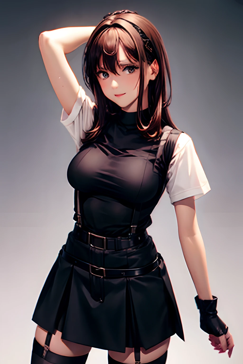 Black skirt, suspenders, Brown hair Gray eyes, Garter belt on the legs, Tight black clothes, a belt Armpit sweat Dark look Moderately breasts holster