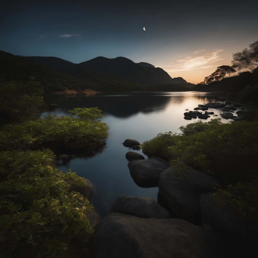 Countryside view，Mid-Autumn Festival night，Full Moon Landscape，The sky is clear at night，Realistic landscape photography of cliff side on top of a rural hill，Professional high-quality nature digital photography，Broad field of view，country scenery，Bushes in the moonlight，Cliffside moonlight 1 white Phalaenopsis orchid，Clear and transparent lake water，Boulders，cobblestones，A majestic，Yamakawa，dead tree，falling leaf，Simple and beautiful，Minimalist，black andwhite+Cyan dark+Dull yellow tones，Beautiful skies，The vision is hazy，Nightmare vision，Dark fantasy plot，perfect compositions，hyper HD，8K分辨率，the detail，Rain trails，dampness，water stain，Ultra-wide-angle long-range shooting，Jack Guzman's environmental art photography，realisticlying，cinematic compositions，Volumetriclighting，vividness, A detailed, stunning skies, Colorful clouds float，true to life, Pubic area is clear, flawless perfection, Digital SLR, 16k, 1024, 2048, 4096, A detailed, Sharp, best qualtiy, high qulity, absurderes，unmanned background，The is very detailed、Detailed lighting shadows，Trends on ArtStation、iintricate、high detal、dramatics、Midjourney Art，hdr shot。（Faraway view，Super deep view，ultra-wide-angle，Microfocal length lens：1.2）（realisticlying：1.4）tmasterpiece、high high quality、Beautiful photography