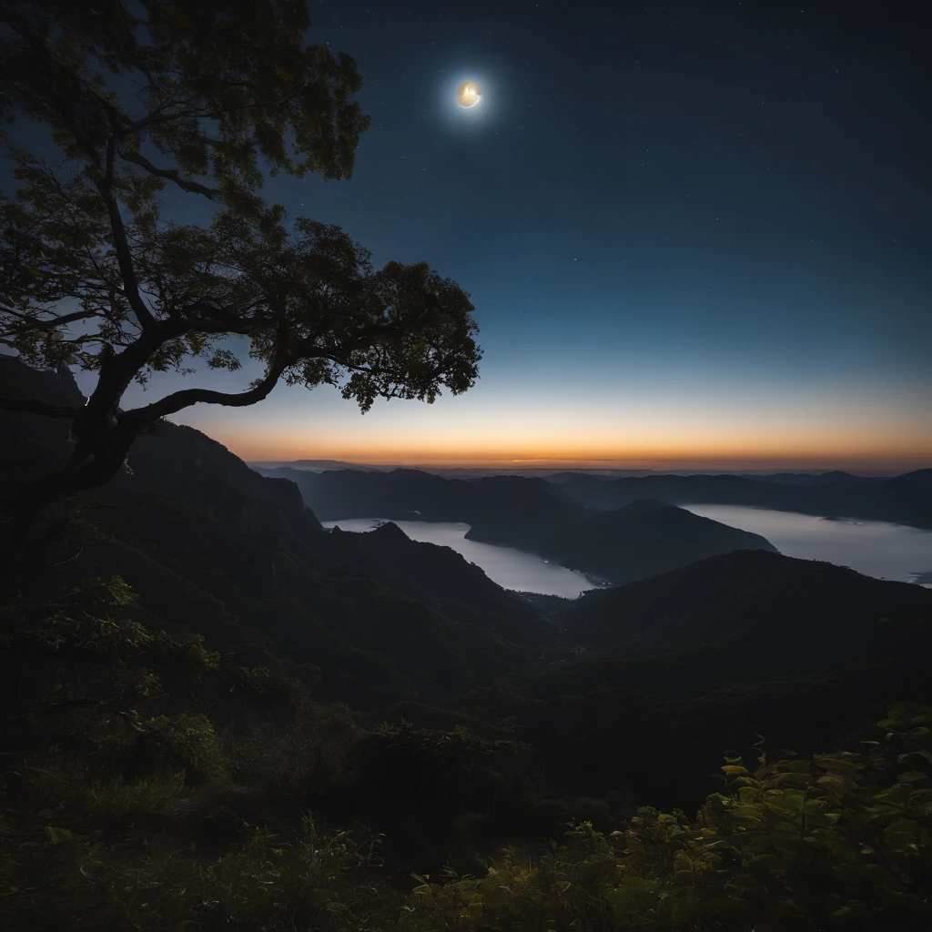 Countryside view，Mid-Autumn Festival night，Full Moon Landscape，The sky is clear at night，Realistic landscape photography of cliff side on top of a rural hill，Professional high-quality nature digital photography，Broad field of view，country scenery，Bushes in the moonlight，Cliffside moonlight 1 white Phalaenopsis orchid，Clear and transparent lake water，Boulders，cobblestones，A majestic，Yamakawa，dead tree，falling leaf，Simple and beautiful，Minimalist，black andwhite+Cyan dark+Dull yellow tones，Beautiful skies，The vision is hazy，Nightmare vision，Dark fantasy plot，perfect compositions，hyper HD，8K分辨率，the detail，Rain trails，dampness，water stain，Ultra-wide-angle long-range shooting，Jack Guzman's environmental art photography，realisticlying，cinematic compositions，Volumetriclighting，vividness, A detailed, stunning skies, Colorful clouds float，true to life, Pubic area is clear, flawless perfection, Digital SLR, 16k, 1024, 2048, 4096, A detailed, Sharp, best qualtiy, high qulity, absurderes，unmanned background，The is very detailed、Detailed lighting shadows，Trends on ArtStation、iintricate、high detal、dramatics、Midjourney Art，hdr shot。（Faraway view，Super deep view，ultra-wide-angle，Microfocal length lens：1.2）（realisticlying：1.4）tmasterpiece、high high quality、Beautiful photography