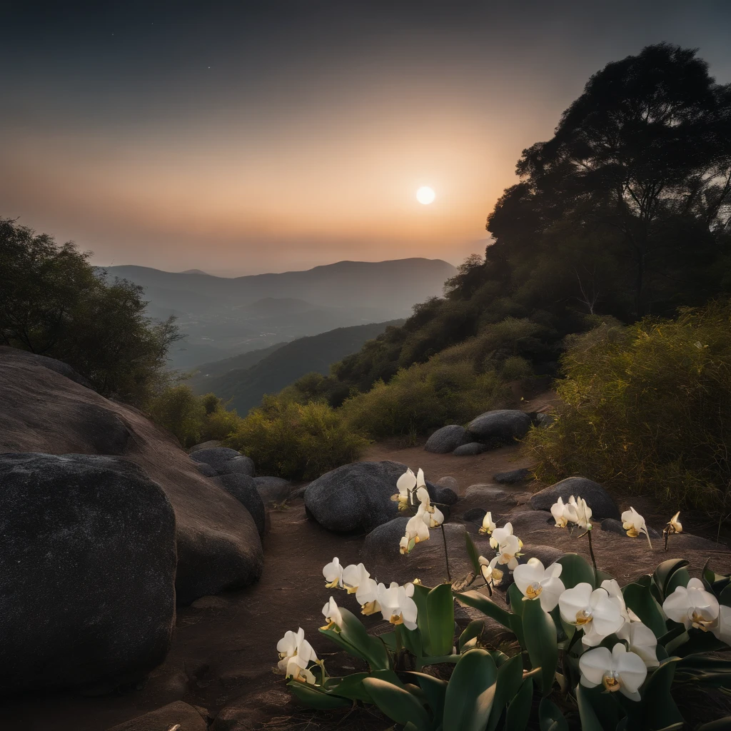 Countryside view，Mid-Autumn Festival night，Full Moon Landscape，The sky is clear at night，Realistic landscape photography of cliff side on top of a rural hill，Professional high-quality nature digital photography，Broad field of view，country scenery，Bushes in the moonlight，Cliffside moonlight 1 white Phalaenopsis orchid，Clear and transparent lake water，Boulders，cobblestones，A majestic，Yamakawa，dead tree，falling leaf，Simple and beautiful，Minimalist，black andwhite+Cyan dark+Dull yellow tones，Beautiful skies，The vision is hazy，Nightmare vision，Dark fantasy plot，perfect compositions，hyper HD，8K分辨率，the detail，Rain trails，dampness，water stain，Ultra-wide-angle long-range shooting，Jack Guzman's environmental art photography，realisticlying，cinematic compositions，Volumetriclighting，vividness, A detailed, stunning skies, Colorful clouds float，true to life, Pubic area is clear, flawless perfection, Digital SLR, 16k, 1024, 2048, 4096, A detailed, Sharp, best qualtiy, high qulity, absurderes，unmanned background，The is very detailed、Detailed lighting shadows，Trends on ArtStation、iintricate、high detal、dramatics、Midjourney Art，hdr shot。（Faraway view，Super deep view，ultra-wide-angle，Microfocal length lens：1.2）（realisticlying：1.4）tmasterpiece、high high quality、Beautiful photography