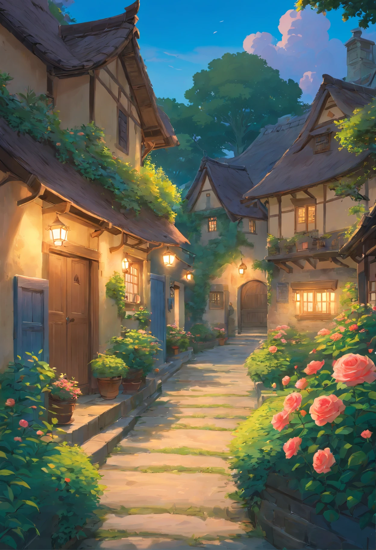 Original，（illustratio：1.1），（best qualtiy），（tmasterpiece：1.1），（the Extremely Detailed CG Unity 8K Wallpapers），interior view of old Persian Thatched house yard，rose in garden，twilight, dramatic light, scenecy，rios|Wagas，