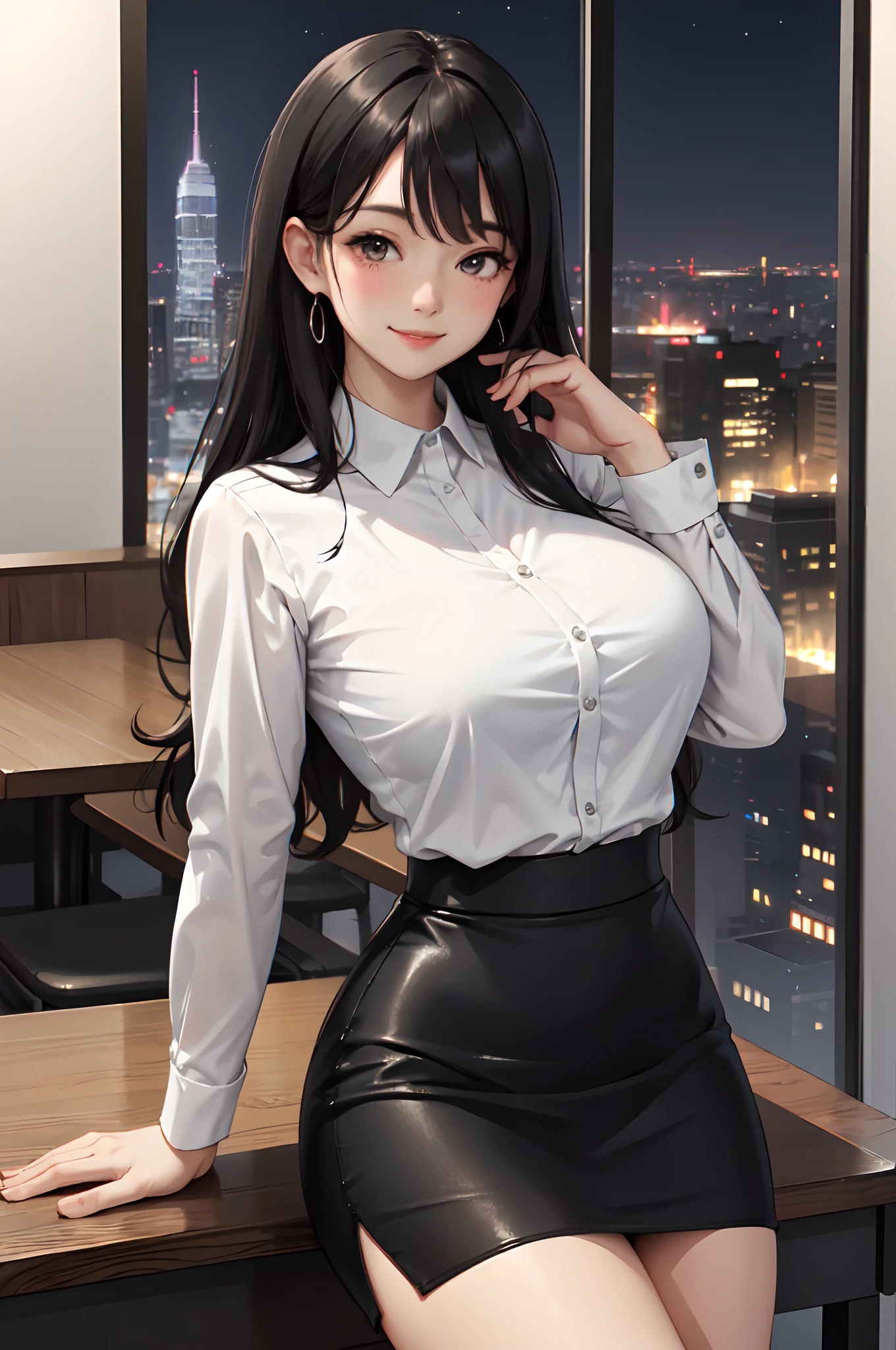 1lady solo office worker, /(casual shirt pencil skirt/), /(black hair/) bangs, blush kind smile, (masterpiece best quality:1.2) ultra-detailed, large breasts arms down BREAK /(dining bar/) (night sky) window skyscraper