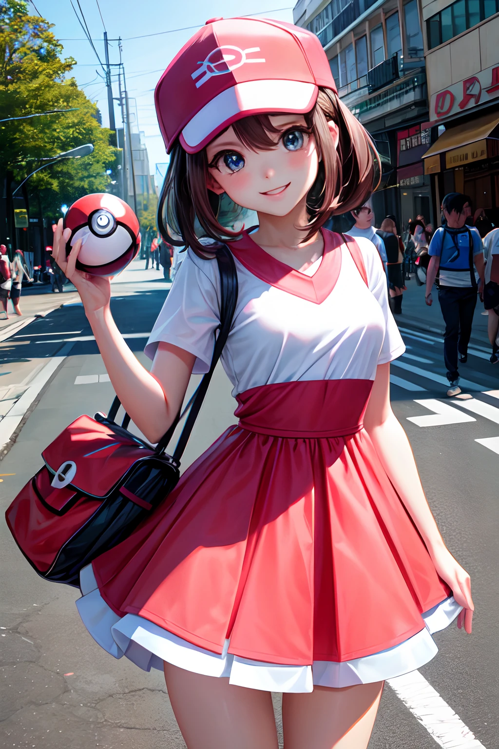 hight resolution, top-quality, ultra-quality, The ultra-detailliert, lighting like a movie、Pokemon Trainer Girl、the street、a smile、Hold the Poké Ball、