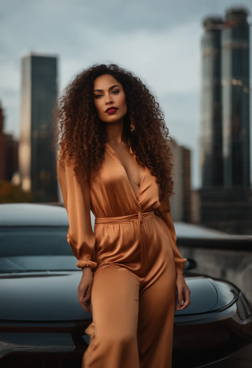 Sexy wonderful mixed-race woman wearing a homewear jumpsuit ,rouge a levre ,8k, ombre , City background , poses sexy, long curly hair, en tesla pose naturel