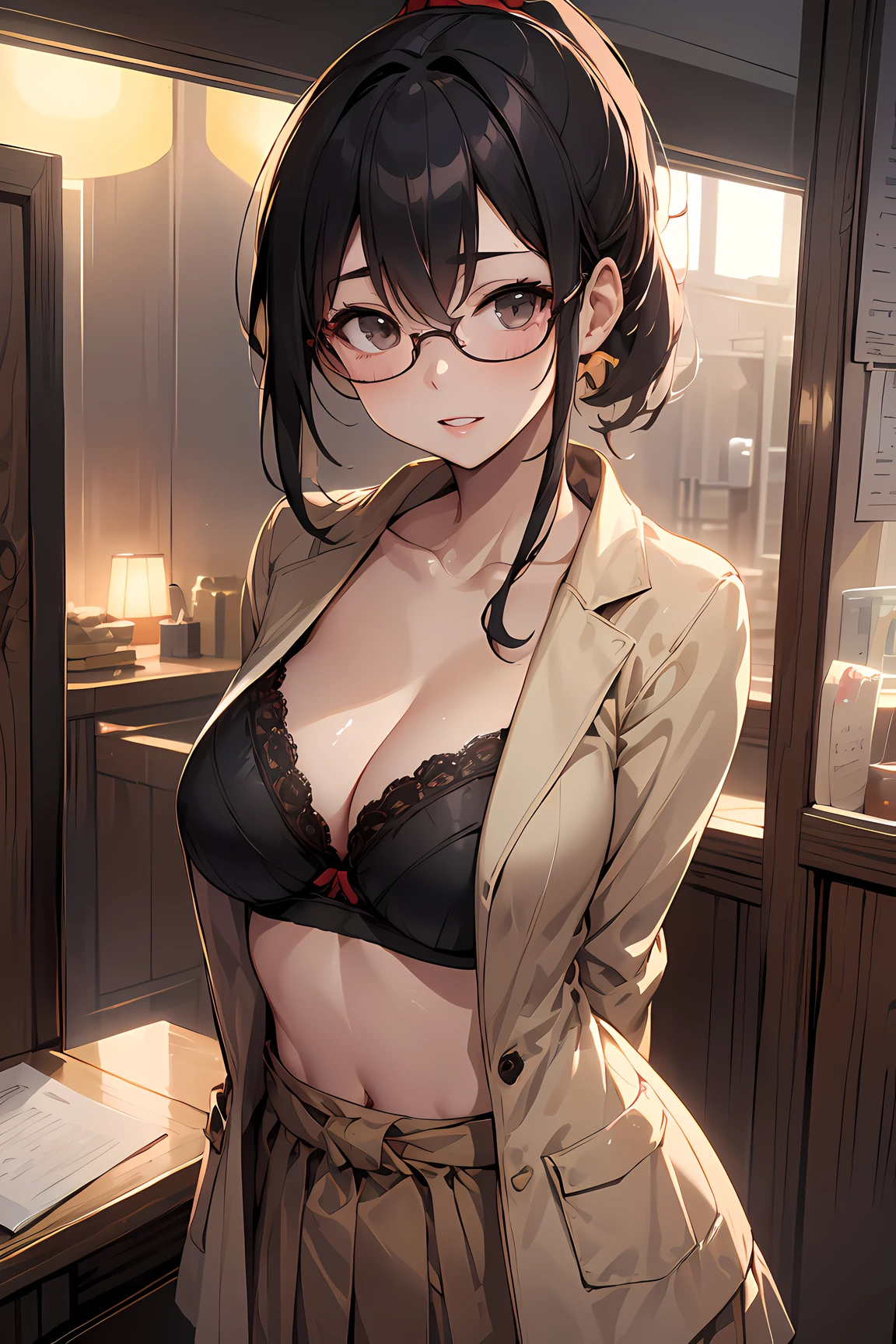 high resolution, Photo of a beautiful woman detailed_face,
young handsome girl,realistic:0.5, perfect skin, (wearing a glasses:1.5), (ultra-detailed background, detailed background), bokeh, make happy expressions, happy emotion, gorgeous,pure, beautyfull detailed face and eyes,breasts,
(black eyes:1.1), (a extremely pretty and beautiful Japanese woman), (sexy girl), (professional attire:1.3), (22 years old: 1.1),
(arms down:1.3),
BREAK
breasts, (dark-red luxury lace bra:1.2), (beige pencil-short-skirt:1.2), (tuck-out jeacket:1.5), Insanely detailed outfit, beautiful detailed skin, (cute:1.2), ((K-pop idol)), (upper thigh:0.6), (depth of field),soft light, Lens Glow
looking at viewer, (Drooping eyes:1.2), straight teeth, smile, floating hair, brown eyes,
BREAK
movie scene, cinematic, full colors, 4k, 8k, 16k, RAW photo, masterpiece, professionally color graded, professional photography,
hair up, consider, soft clean focus, realistic lighting and shading, (an extremely delicate and beautiful art)1.3, elegant,active angle,dynamism pose
BREAK
(ponytail:1.3), (shiny-black thin hair:1.2), bangs, dark brown eyes, beautiful eyes, princess eyes, (big eyes:1.3), bangs, wearing a glasses:1.3, Hair between eyes, short hair:1.3, (slender:1.1), (medium-breasts:0.95), (thin waist: 1.15), (detailed beautiful girl: 1.4), Parted lips, Red lips, full-make-up face, (shiny skin), ((Perfect Female Body)), (upper body image:1.3), Perfect Anatomy, Perfect Proportions, (most beautiful Korean actress face:1.3, extremely cute and beautiful Japanese actress face:1.3), (1glasses girl:1.3, solo), (blush:1.1), gray background, solo focus, (bust shot:1.2),
cinematic light, (nostalgic night scene:1.4), (lockeroom at office:1.4), the vibrant glow of neon lights, (looking at viewer:1.2),