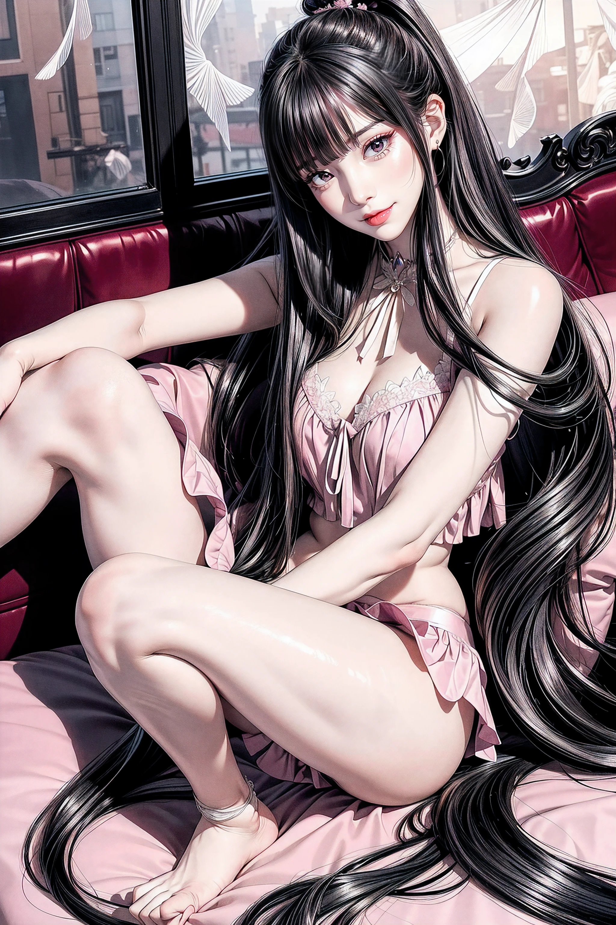 ulzzang -6500-v1.1,(Raw foto:1.2),((Photorealsitic:1.4)),top-quality,​masterpiece, illustratio,{(Extremely delicate and beautiful:2.0):2.0}, extremely details CG ,Unity,{(8K Wallpaper:2.0)}, astonishing、finely detail, Official art,the Extremely Detailed CG Unity 8K Wallpapers,absurderes, incredibly absurdness, huge filesize, ultra-detailliert, hight resolution, a beautiful detailed girl, extremely detailed eye and face, beatiful detailed eyes,Facial light,(((😃))),{(thighs thighs thighs thighs)}, {(Full body))}(masutepiece, Best Quality),
1girl in, all-fours, Looking at Viewer, closeup ass, from the rear, Buttock support
Break Girl, jirai kei, ((High Ponytail)),(((Blunt bangs,Straight bangs:))),(((Very long black hair, Ridiculously long black hair:1.1))),Long black hair like a stream of water, Lustrous black hair all over the back, Black hair shiny like silk thread, Long black hair shining like jewels, black hair with wet feathers, eyeshadows, Purple eyes, Evil smile, lip stick, Open mouth, Pink ruffled shirt, black ruffle skirt, Black panties, Thong Panties, Small breasts, thighs thighs thighs thighs,
Break the sofa background, window