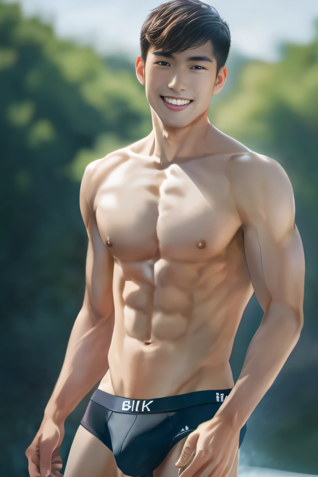 arafed asian man in a brief underwear posing for a picture, prefect body, Attractive body, with abs, smooth body features, Lean man with light tan skin, Shirtless :: High detail, photorealistic perfect body, beautiful handsome body, sweaty abs, attractive face and body, [ rigidly defined abs ]!!, Shirtless, [ adamantly defined abs ]!!