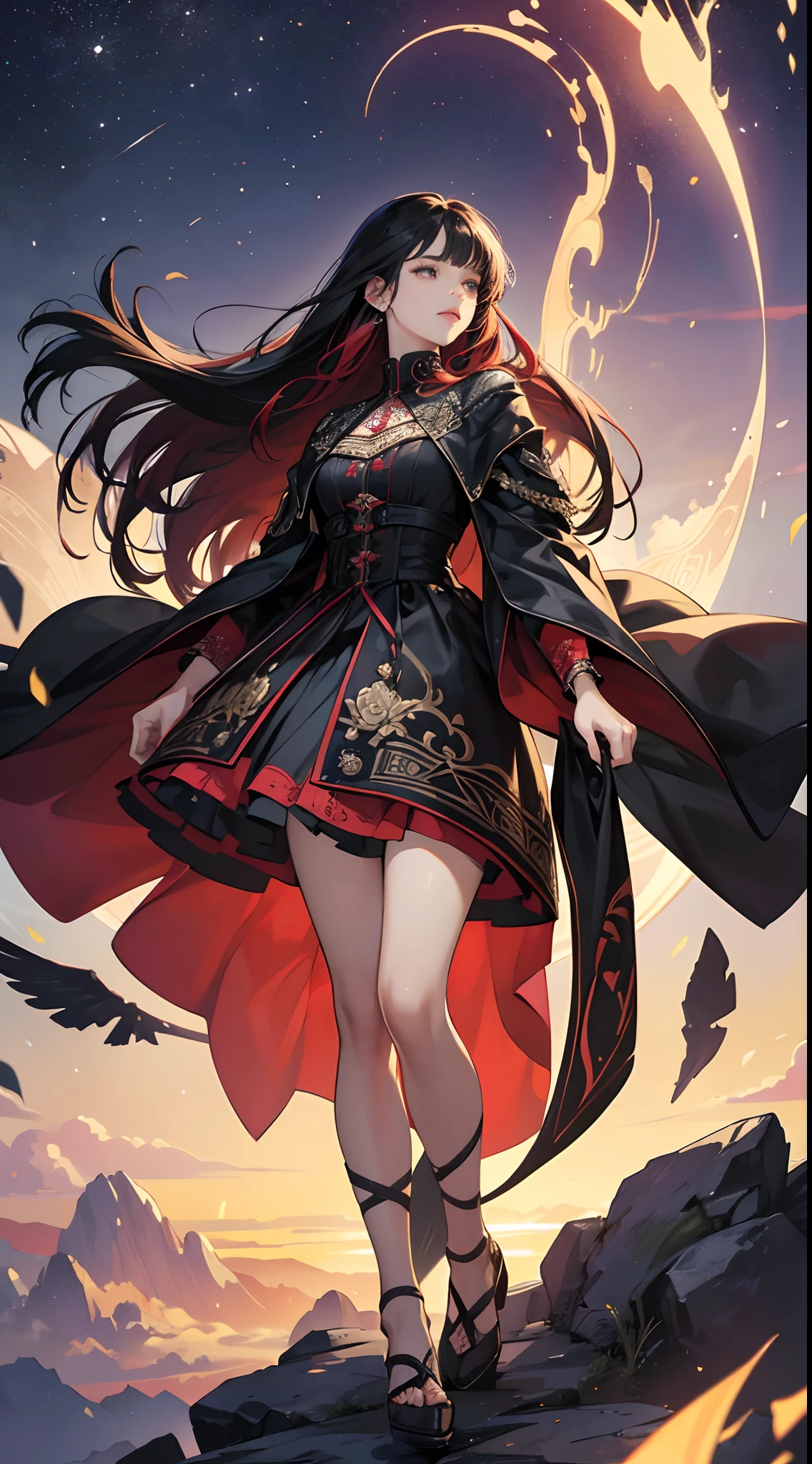 (Best Quality,4K,High resolution), 18yo woman, Red mesh hair on black hair, Long hair, Straight hair, , Comical appearance,(Best Quality,4K,High resolution), Swaying in the wind Resonant melodies
In you shaking Disappeared
In a dream Resonant melodies
In you Fallen Tokete,inattention,Full body close-up,,Delicate illustrations drawn in detail,Clothes with intricate decorations, Realistic portrayal,,luminous sky,Vibrant colors,Gothic expression,Classic background