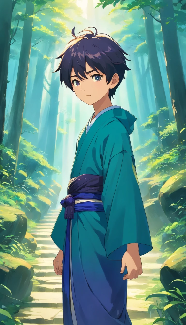 A young boy wearing traditional Chinese Taoist clothing。Wears an indigo robe，Bring a tai chi motif on a Chinese Taoist hat。cuteexpression，Eyes shining，With a slight smile。Gently hold the Chinese compass with one hand，The other hand is raised in a mysterious gesture，It's as if you're studying Taoist magic。The background is a mysterious mountain forest，It is surrounded by mist and emerald green trees。