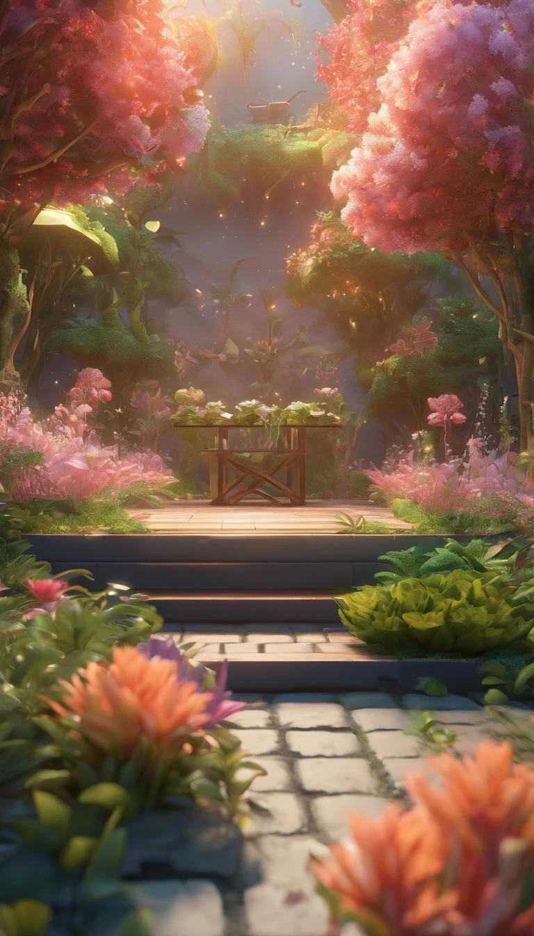 Metal platform C4D 3D in flower and plant environment 。Surrounded by plants in the middle of the shot