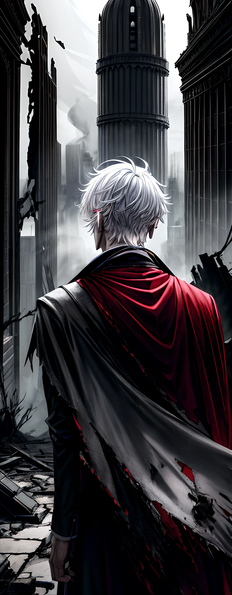 1male people, White hair, Red eyes, (uncle_Shot:1.2), Face focus, Back shadow, side locks,collapse，Wearing a cape, He walked forward，It is surrounded by ruins，There is a terrifying tower ahead, Moonshine is blood-red，Overall cool tones，Moody, Darkness, ,, Dusty, Post-apocalypse,, masterful, Beautiful 8k wallpaper, Extremely detailed, iintricate，Broken clothes，High gloss
