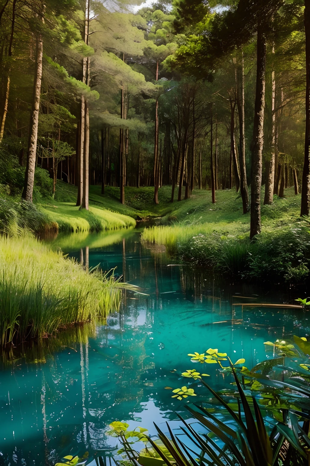 Crie uma imagem no estilo Van Gogh de um belo dia ensolarado em uma casa de madeira na sfloresta com lago.