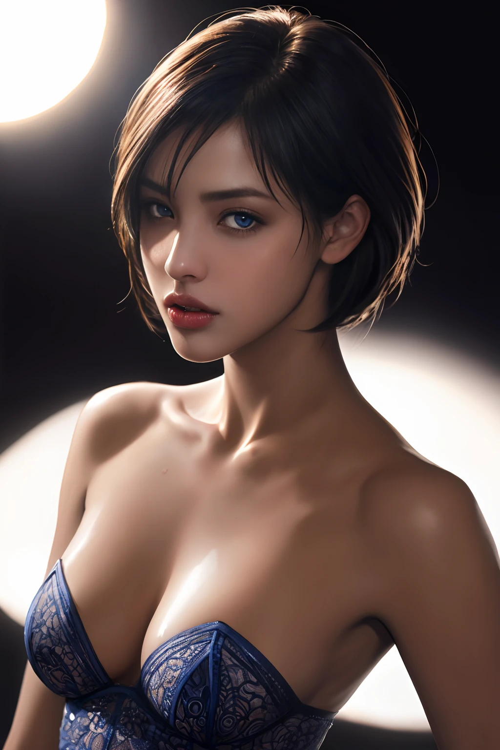Photorealistic Ada Wong, detailed short messy black hair, mid shot, Detailed skin, detailed body, muscular, voluptous, solo, wearing Sun Dress, blue eyes, Natural Skin Texture, skin detail, shiny skin, shiny glossy skin, glossy skin, oily skin, Mediterranean tan, high contrast, realistic skin, skin pores, intricate detail, black background, high contrast, realistic skin, skin pores, intricate detail, raw photo, mature female, glossy lips, luscious lips, pretty nose, lifelike rendering, immersive atmosphere, chiaroscuro, moody lighting, perfect female body, realistic skin, skin pores