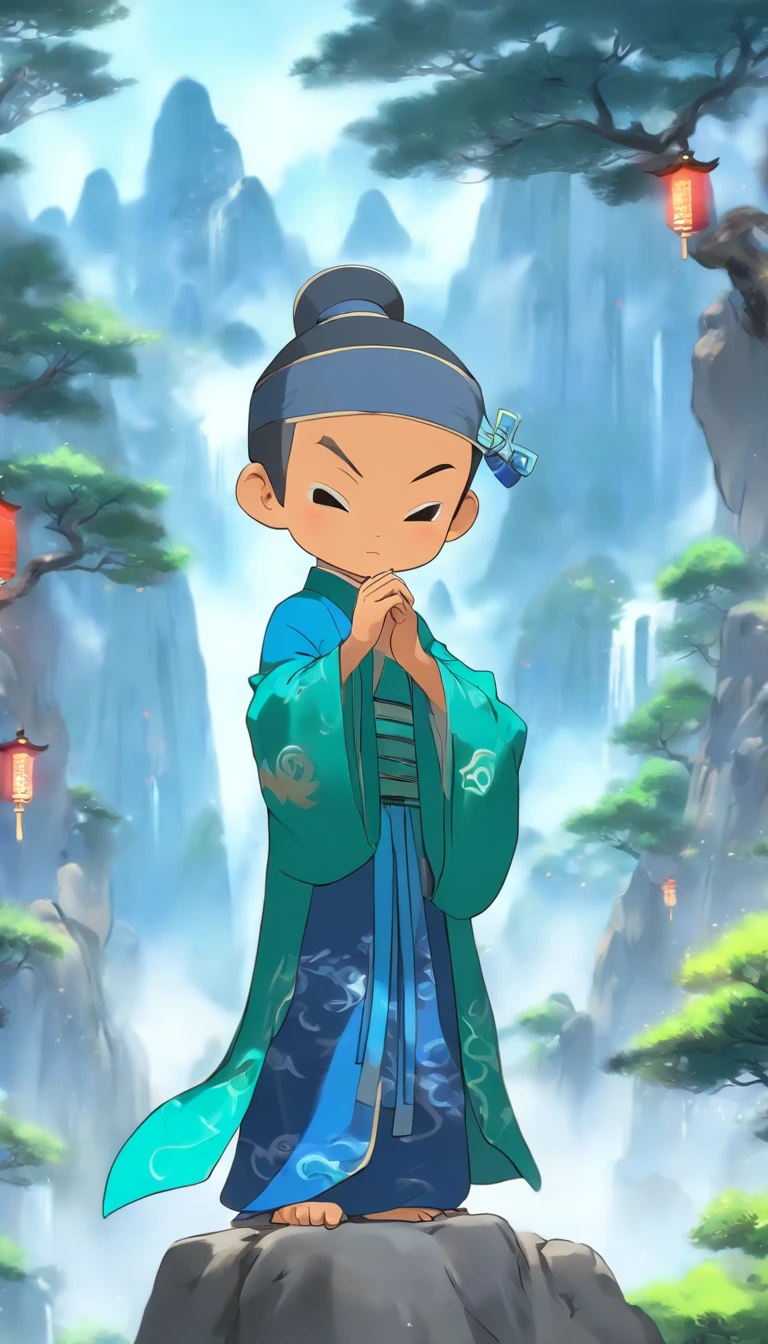 A young boy wearing traditional Chinese Taoist clothing。Wears an indigo robe，Bring a tai chi motif on a Chinese Taoist hat。cuteexpression，Eyes shining，With a slight smile。The other hand is raised in a mysterious gesture，It's as if you're studying Taoist magic。The background is a mysterious mountain forest，It is surrounded by mist and emerald green trees。