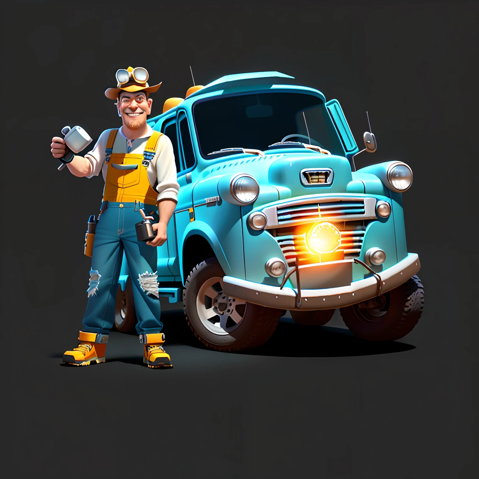 arafed image of a yang man in a hat and overalls standing next to a truck, ideal pixar character, young future mechanic, as a pixar character, pixar character, pixar render, 3d model pixar render, pixar 3d render, depicted as a pixar character, old cgi 3 d rendered bryce 3 d, mechanic, pixar character design, pixar cartoon style